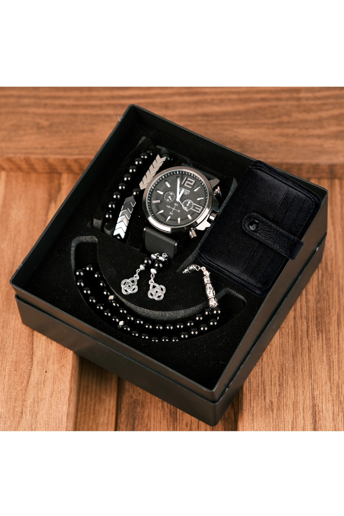 Waterproof Men Wrist Watch Card Holder Rosary and Bracelet Set