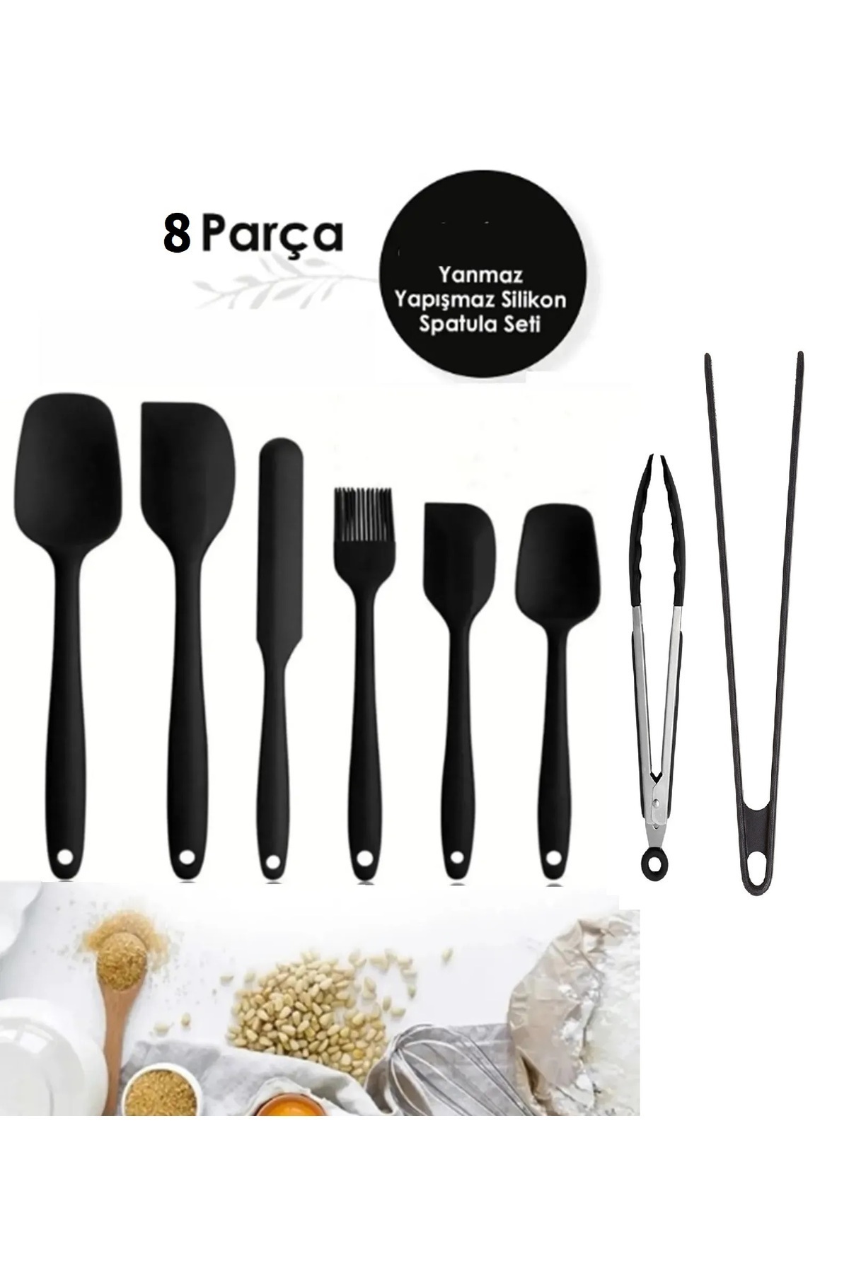 8-Piece Heat Resistant Fireproof Non-Stick Boots Silicone Spoon Spatula Brush Tongs Set Black