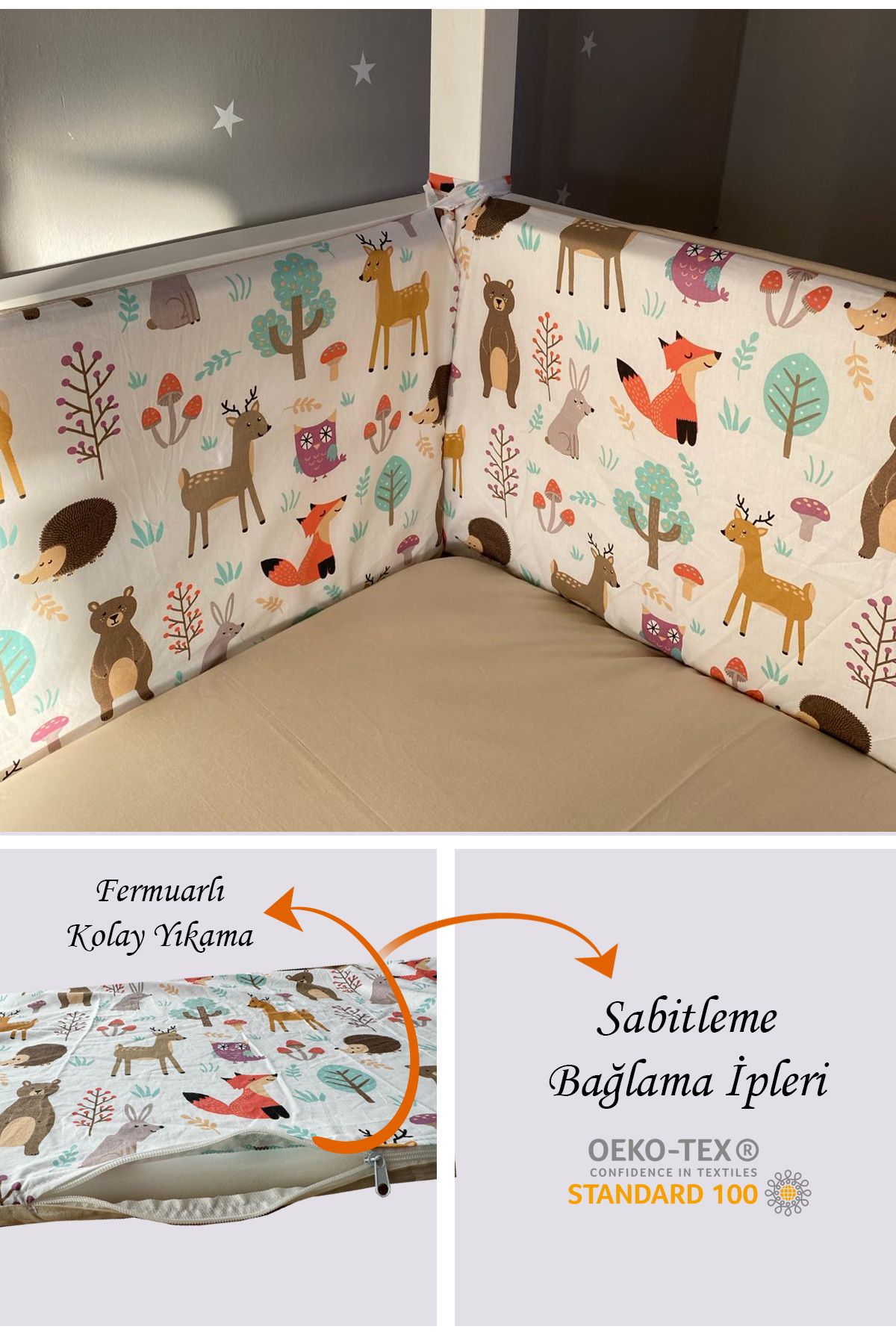 Jaju Baby Orman Desenli 120x200cm Beşik Kenar Koruma 4 Parça Beşik Bariyer Montessori Koruyucu Özel Üretim