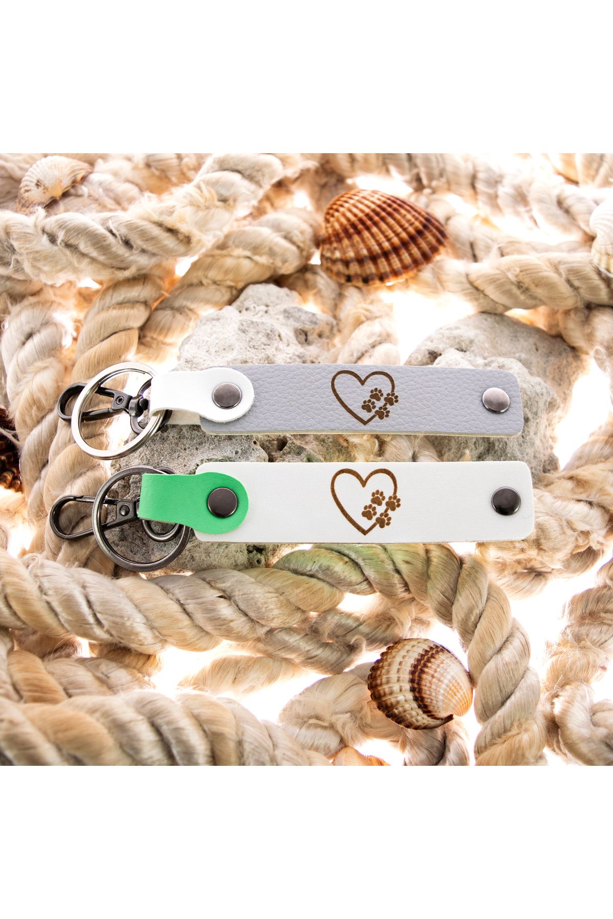 miawiki-Paw Heart Patterned Double Leather Keychain with Hooks, Cute Animal Figure Keychain Set 1