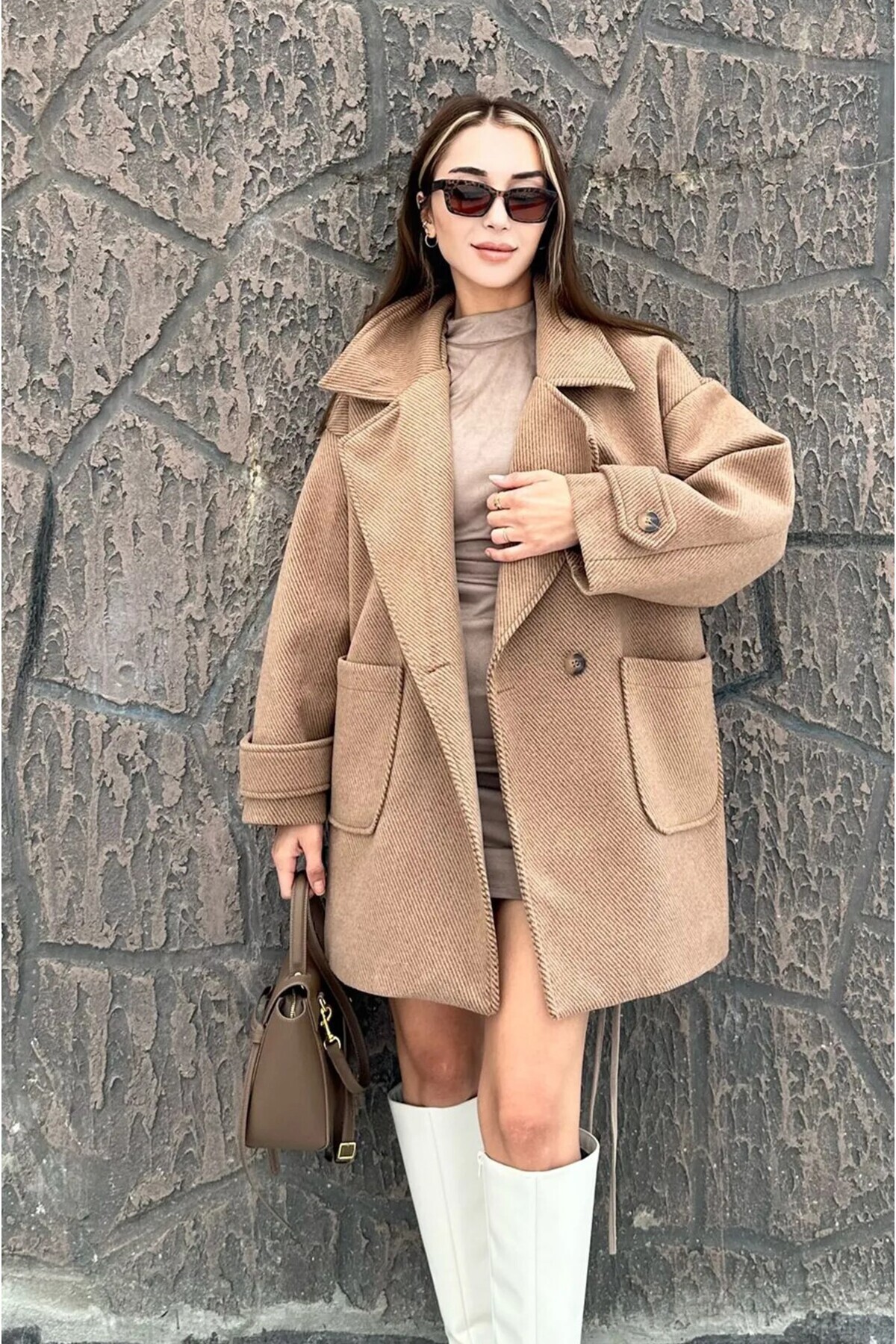 Women's Sleeve Detailed Double Pocket Lined Cashmere Coat