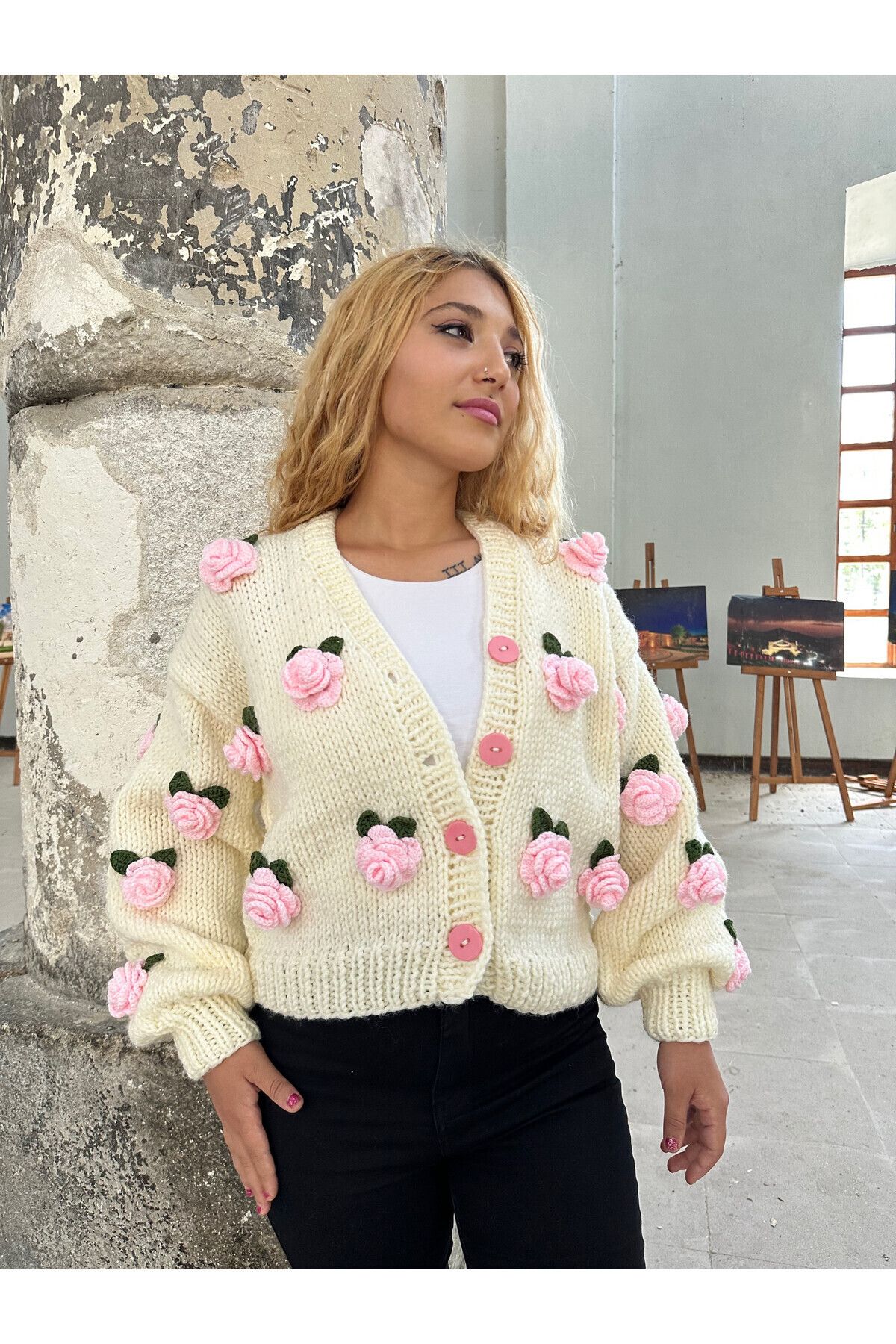 EMAKROME-HAND KNITTED PINK ROSE WOMEN'S CARDIGAN 3