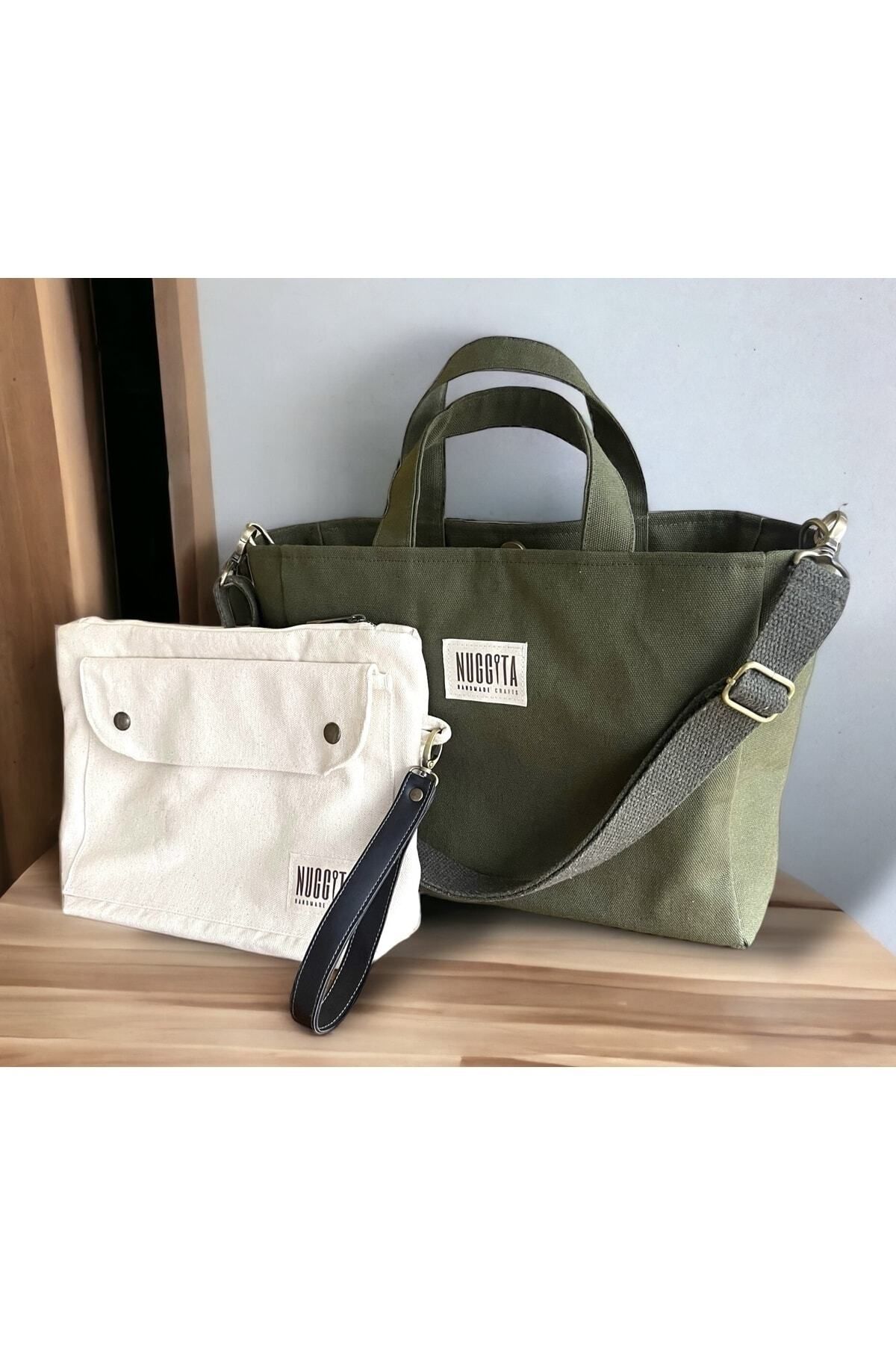 Nuggita-Medium Size Khaki Linen Canvas Crossbody Handbag and Organizer / Clutch Set 1