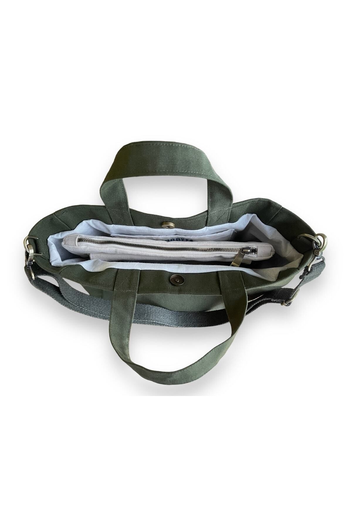 Nuggita-Medium Size Khaki Linen Canvas Crossbody Handbag and Organizer / Clutch Set 6