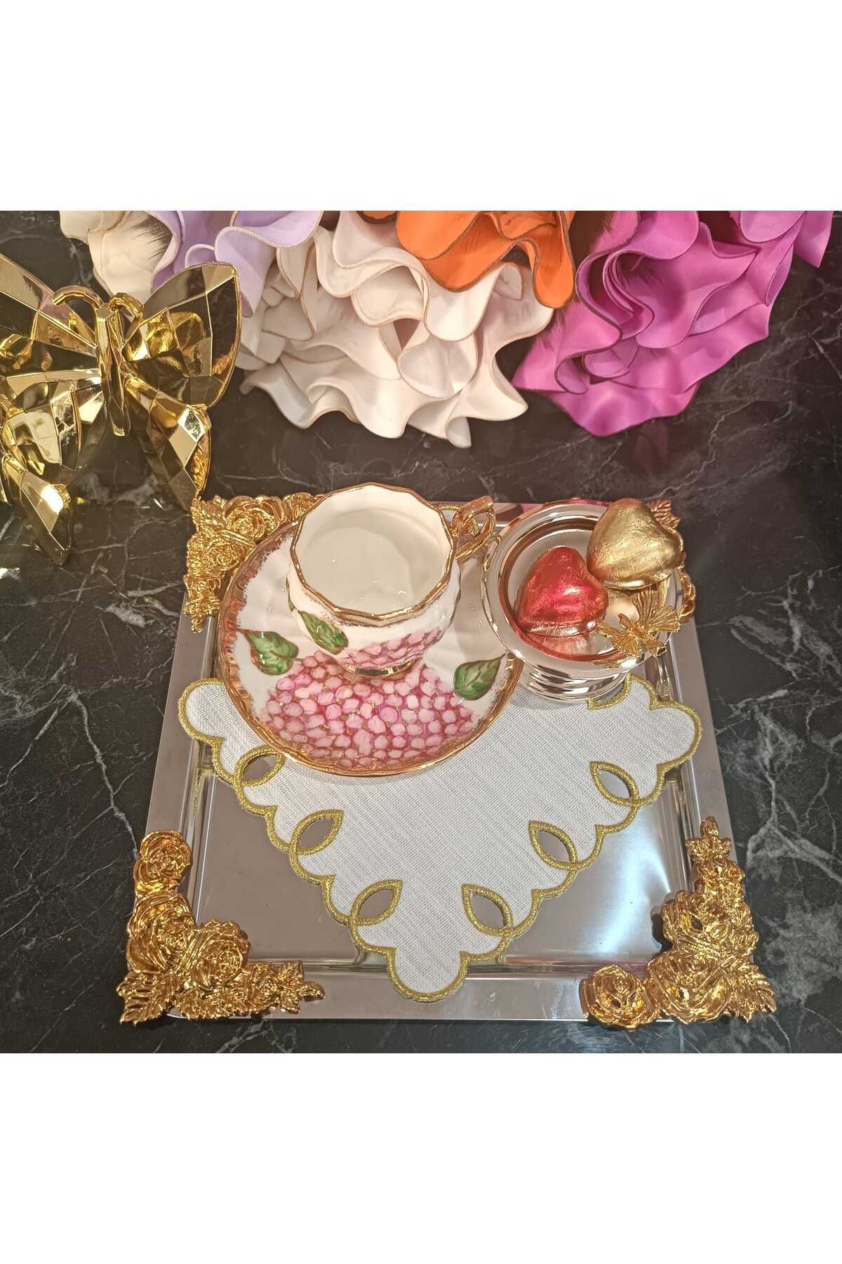 adreanna silver sim işlemeli kahve yanı, sunum peçetesi ve kokteyl peçetesi 6 adet