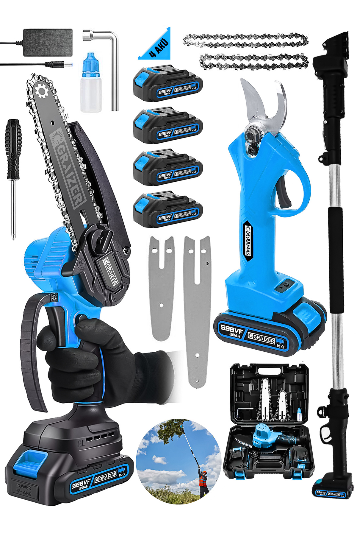 Graizer Alman 598 Vf 20 Ah 2 Li Set 4 Akülü Şarjlı Ağaç Dal Kesme Budama Makası Testere Teleskopik Hediyeli