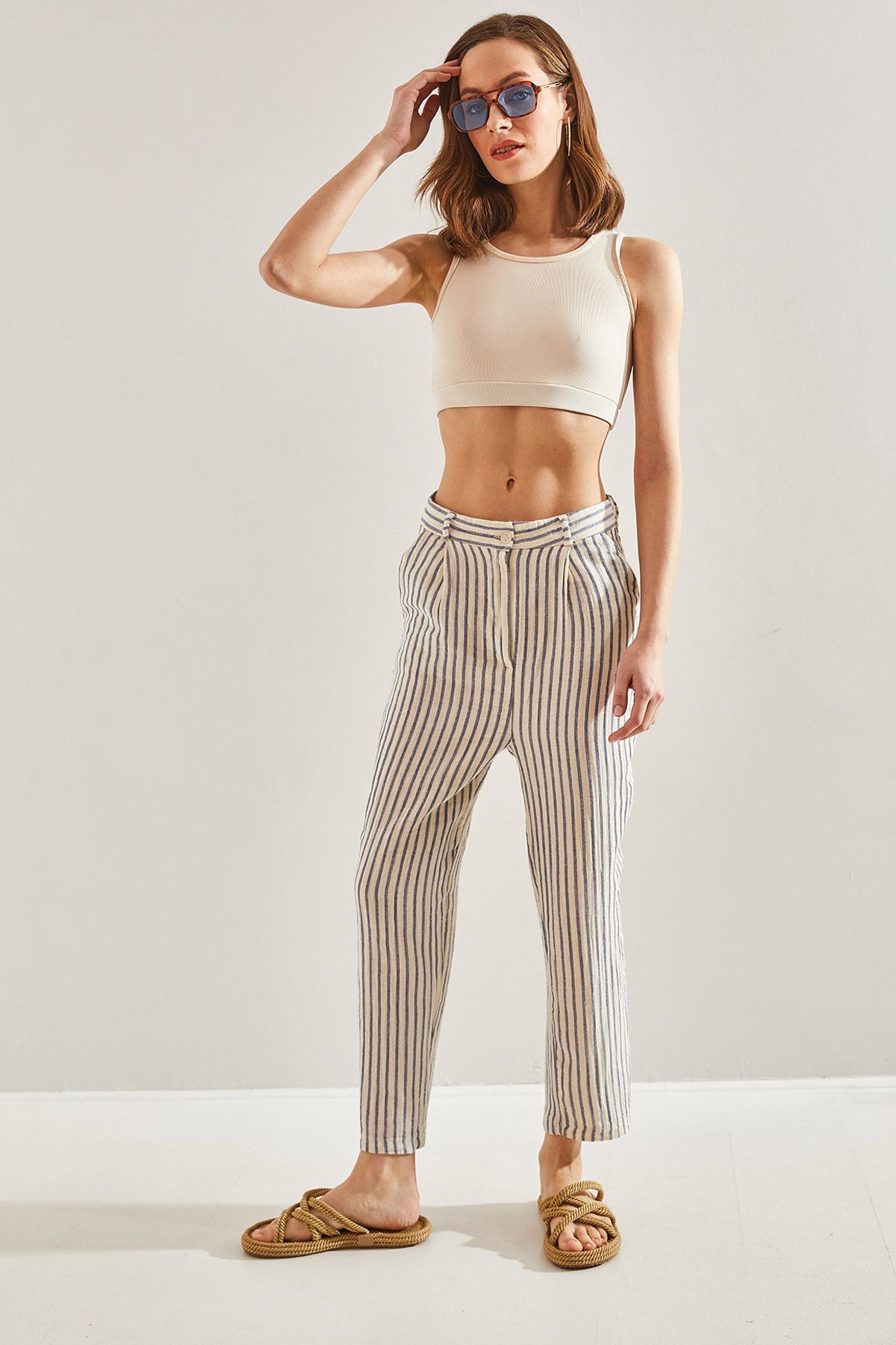 Bianco Lucci-Women's Striped Front Placket Trousers 6