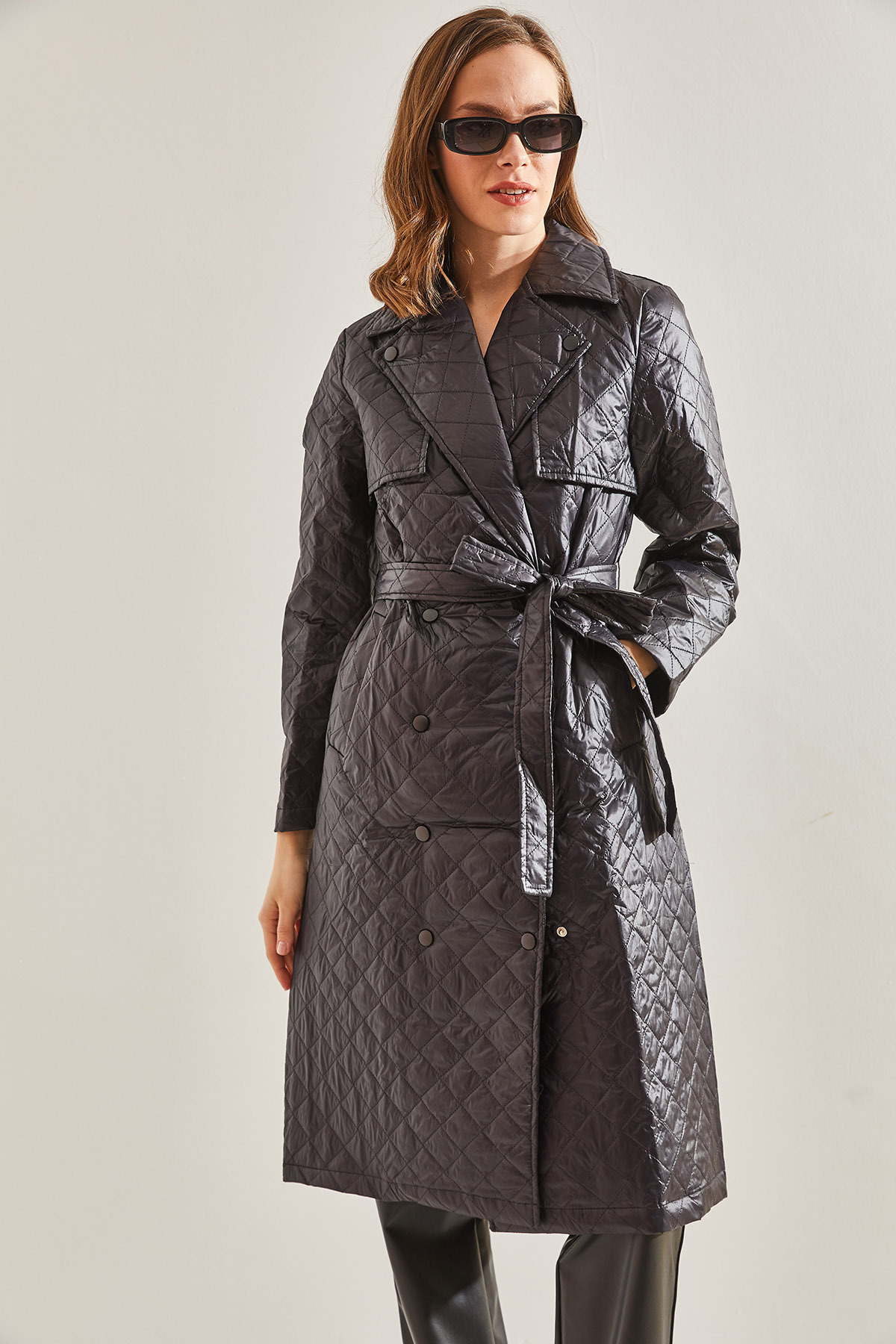 Women's Long Coat with Belt and Snap Buttons