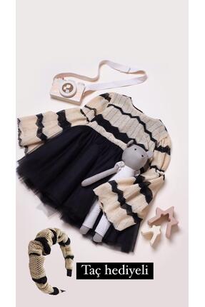 Mama and Miel Kız Çocuk Siyah Bej Triko Miksli Volan Kollu Tül Fiyonklu Tütü ...