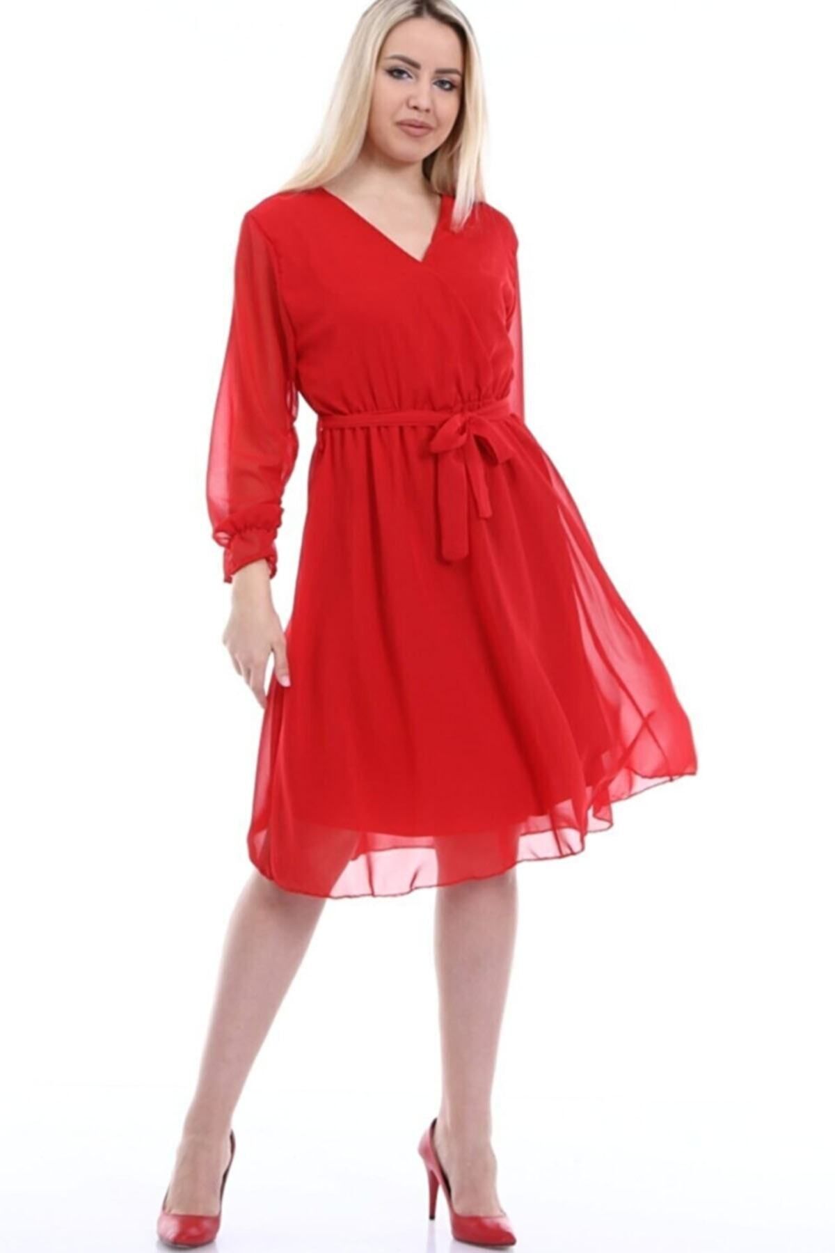 zks grup tekstil-Red Double Breasted Collar Short Lined Plus Size Chiffon Dress 3