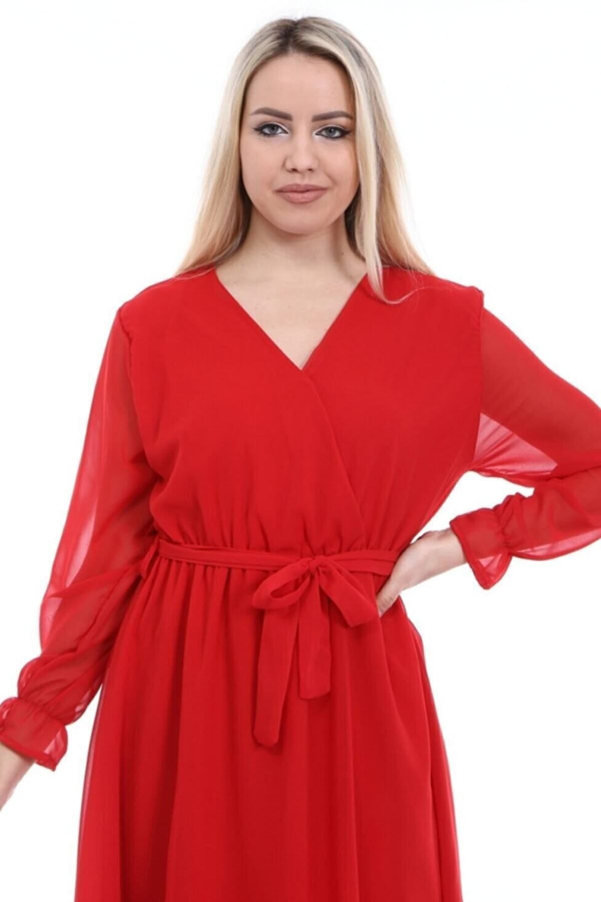 zks grup tekstil-Red Double Breasted Collar Short Lined Plus Size Chiffon Dress 5
