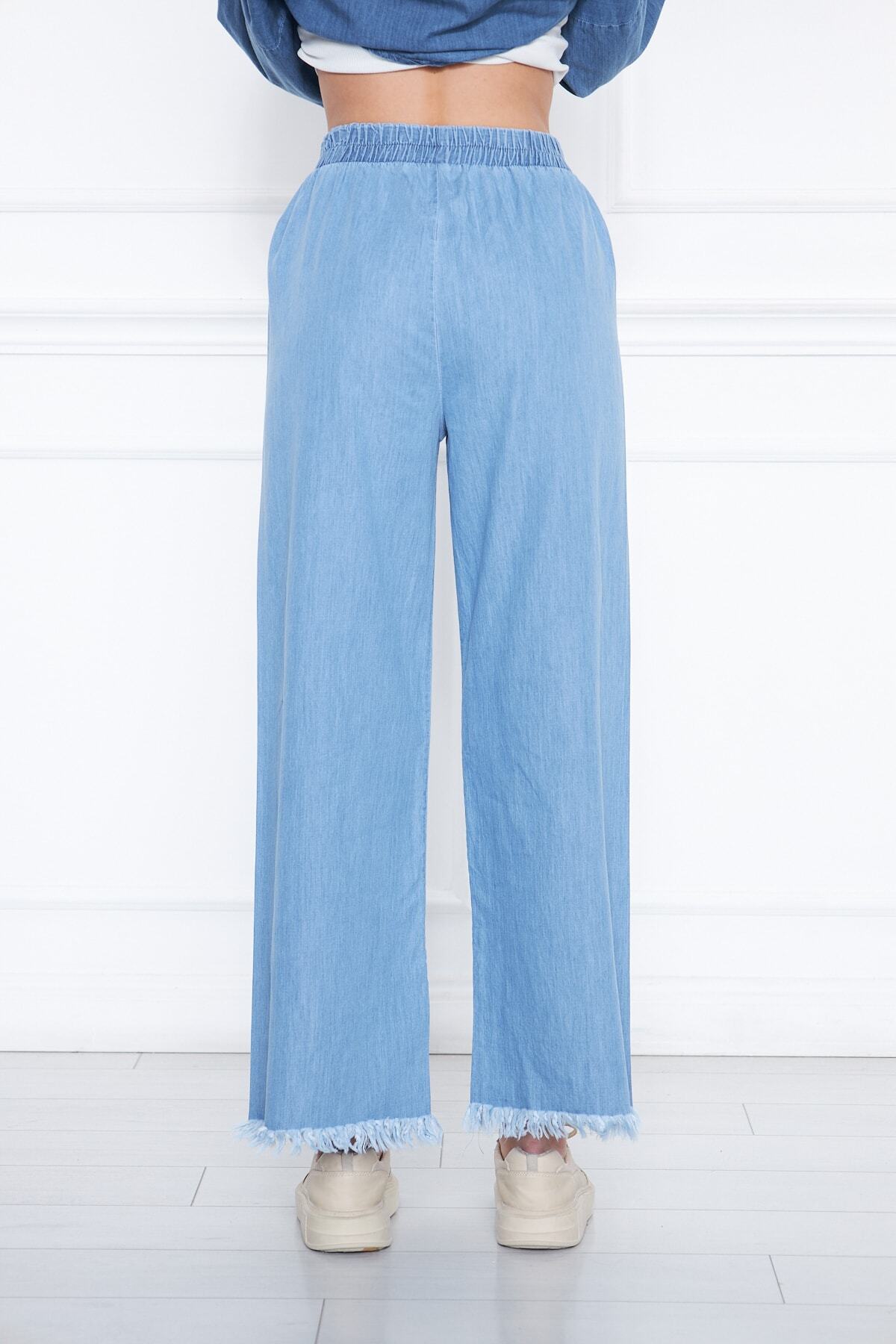 Sfg Life Moda  Kadın Mavi Yazlık Paçası Püsküllü Ve Önü Bağcıklı Şık Trend Yıkamalı Salaş Kot Pantalon - Görsel 2