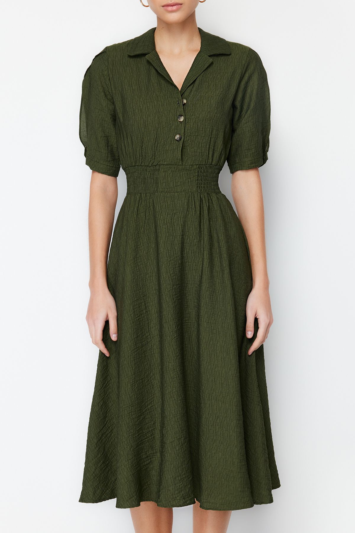 Trendyol Collection-Košilový límec v khaki áčkové linii Guiped Midi tkané šaty TWOSS21EL1023 3