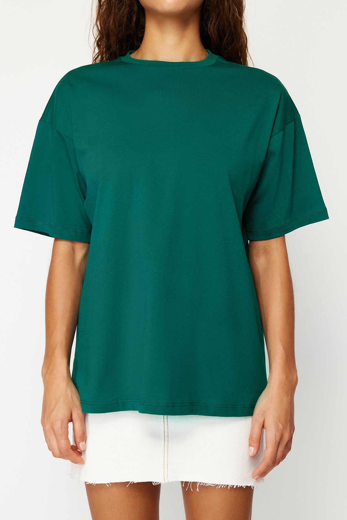 Trendyol Collection-Wide Cut Emerald Green Cotton T-Shirt - Crew Neck, TWOSS20TS0134 5