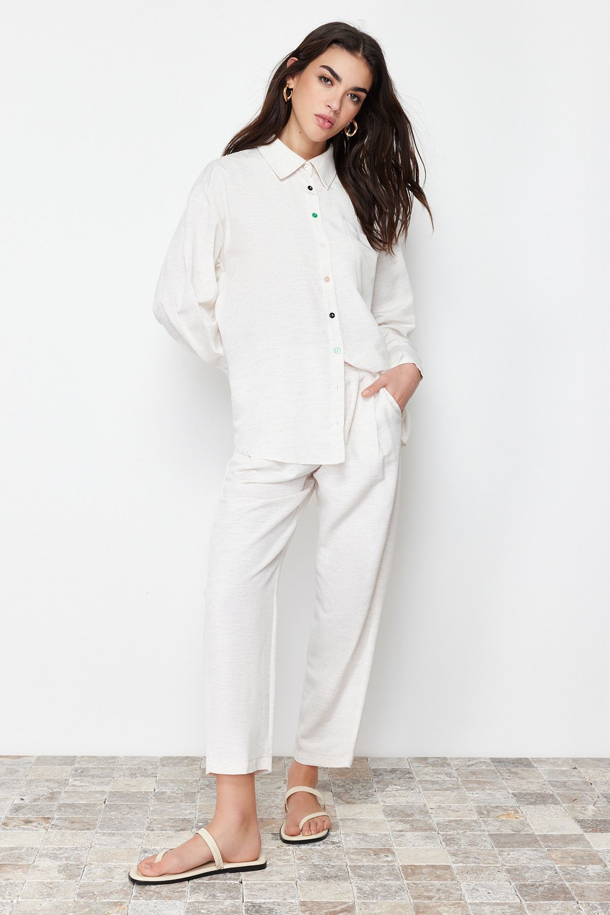 Trendyol Modest-Бежева ткана білизна Linen Look Gomlek Брюки TCTSS24US00022 1