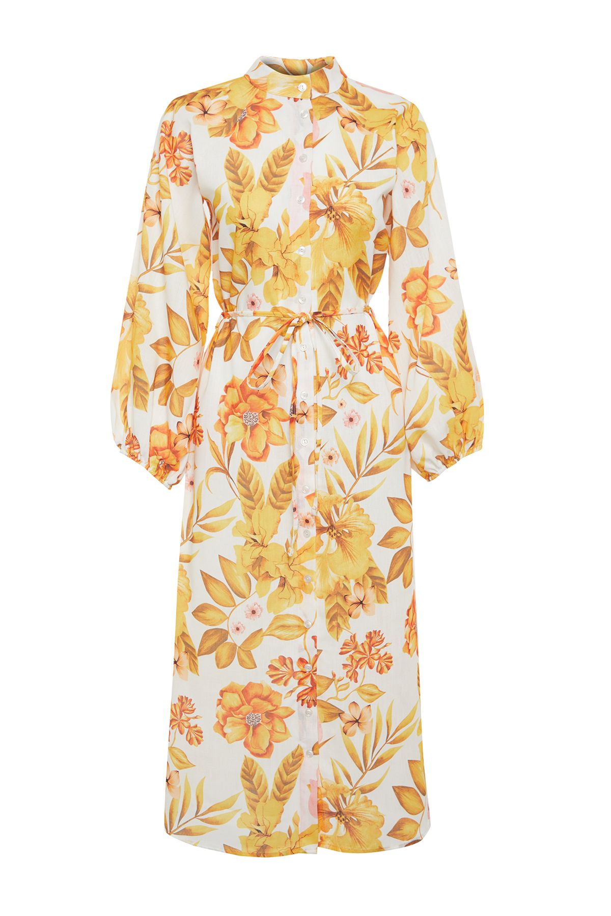 Trendyol Modest-Ecrufarbenes, gewebtes Hemdblusenkleid in Leinenoptik TCTSS24EB00106 10