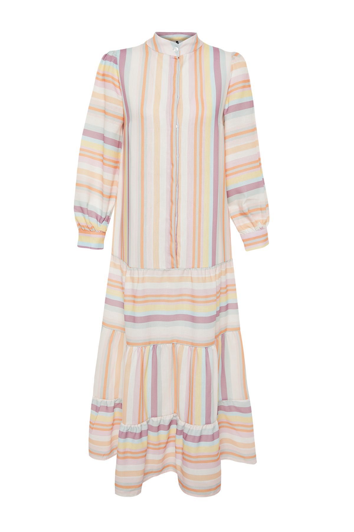 Trendyol Modest-فستان منسوج بمظهر الكتان مع تنورة مخططة متعددة الألوان وكشكشة TCTSS24EB00105 7