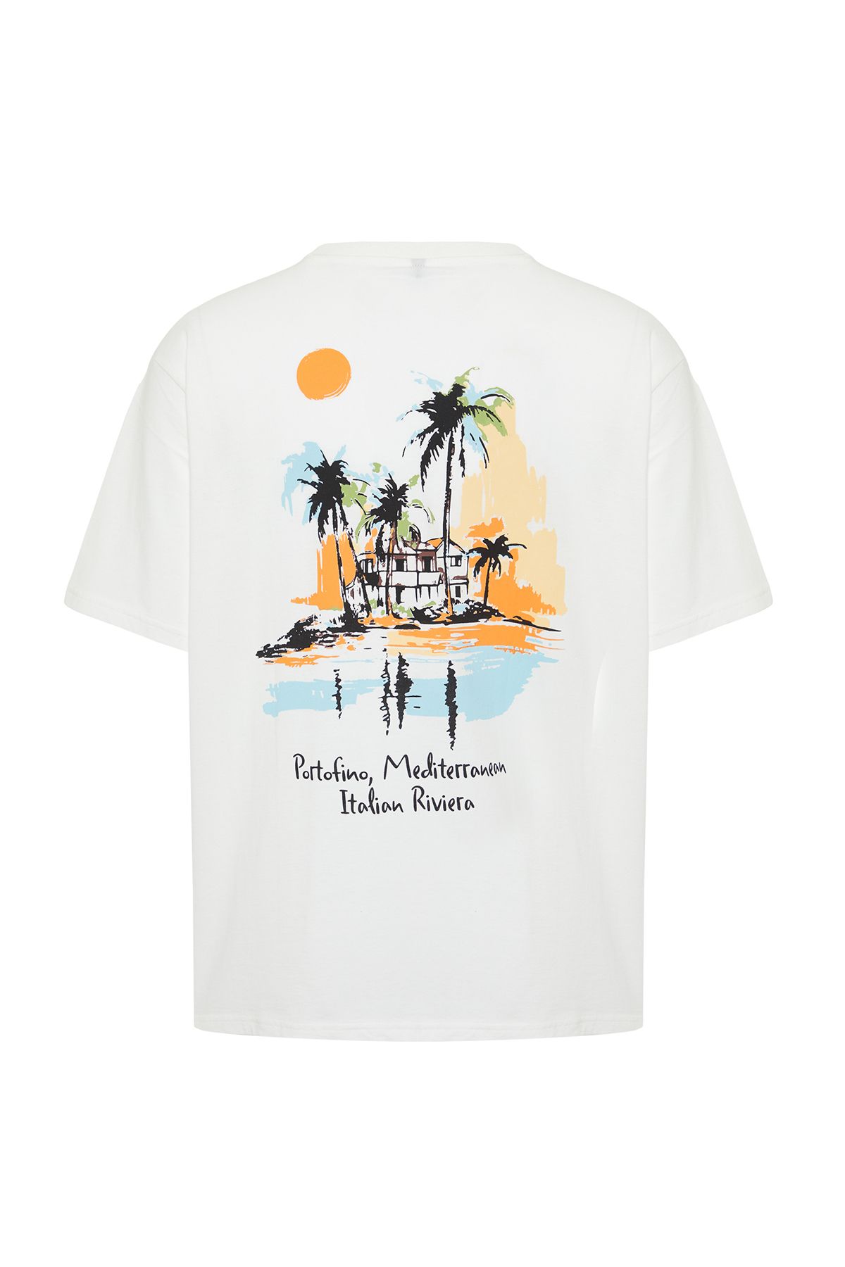 Trendyol Collection-Βαμβακερό μπλουζάκι Landscape Printed Ecru Oversize - TMNSS24TS00124 6