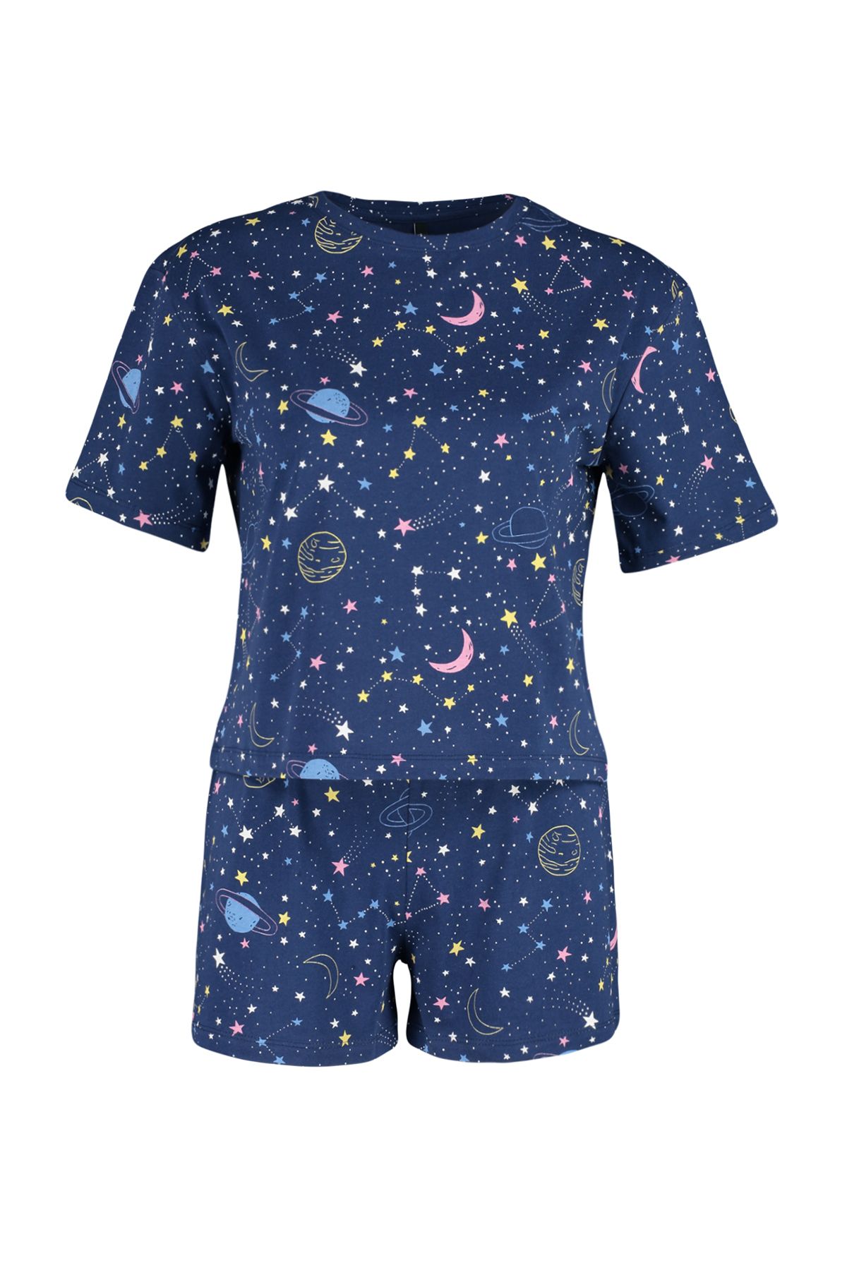 Trendyol Collection-Sada pyžama Galaxy Pattern ze 100% bavlny v tmavě modré barvě – s šortkami, THMSS24PT00030 8