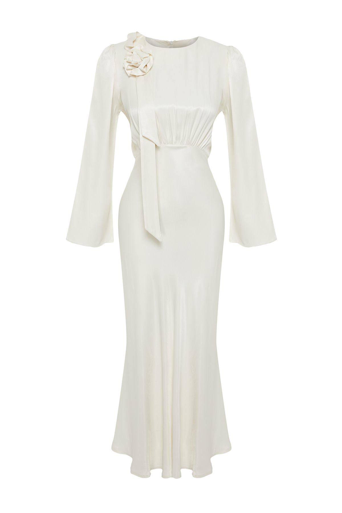 Trendyol Modest-فستان سهرة منسوج من الساتان - تفاصيل وردة كريمية، لحفلات الزفاف والمناسبات الخاصة TCTSS24DB00043 8