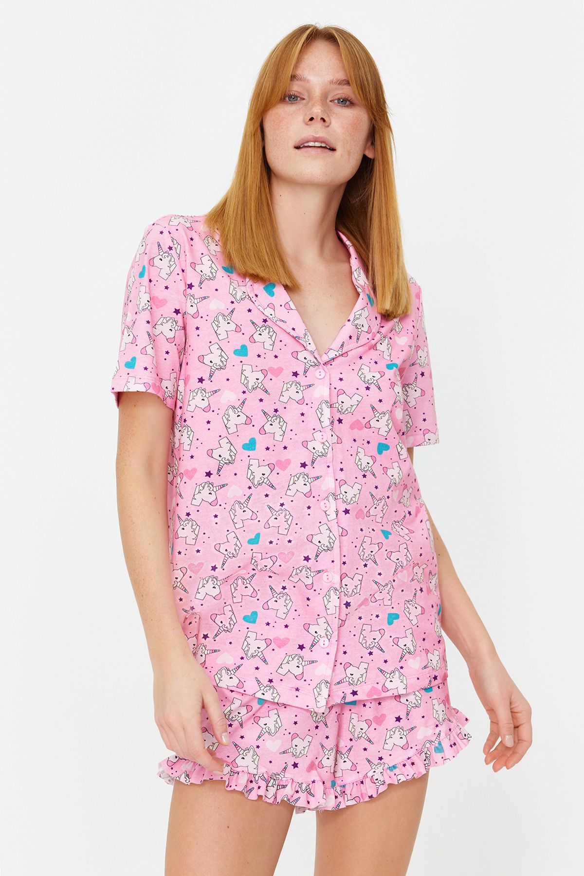 Trendyol Collection-THMSS22PT0483 - Pyžamový set s růžovým vzorem 100% bavlna s volánky a šortkami 3