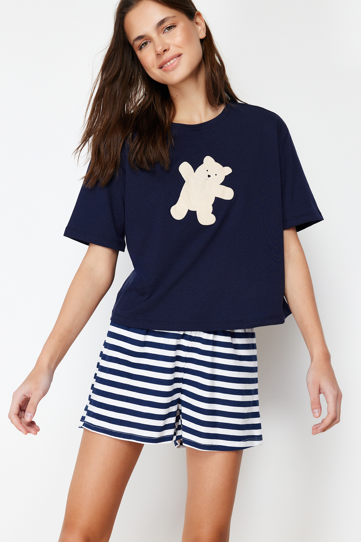 Trendyolmilla  Lacivert %100 Pamuklu Ayıcıklı Şortlu Örme Pijama Takımı THMSS24PT00039 - Görsel 2