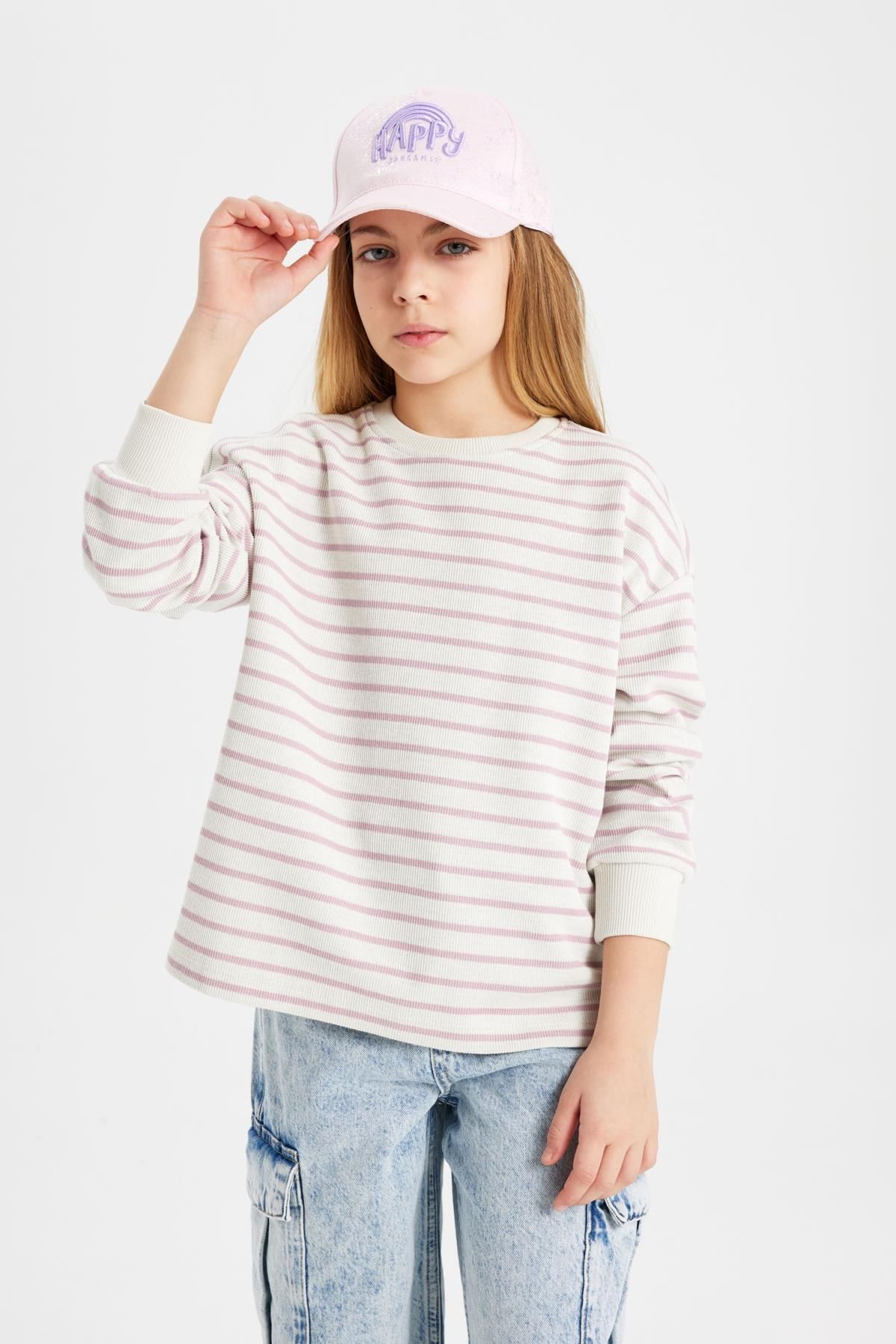 Kız Çocuk Relax Fit Bisiklet Yaka Çizgili Sweatshirt B7378a824sp