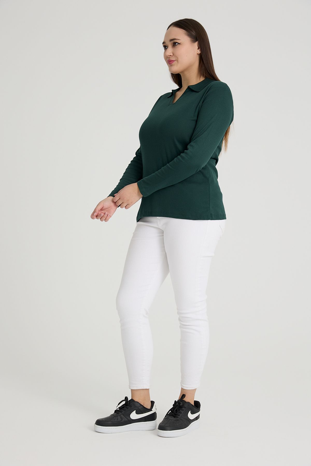 BANEGA-Curve Plus Size Βαμβακερή Lycra V-λαιμόκοψη Basic Απλό Πράσινη Μπλούζα 5