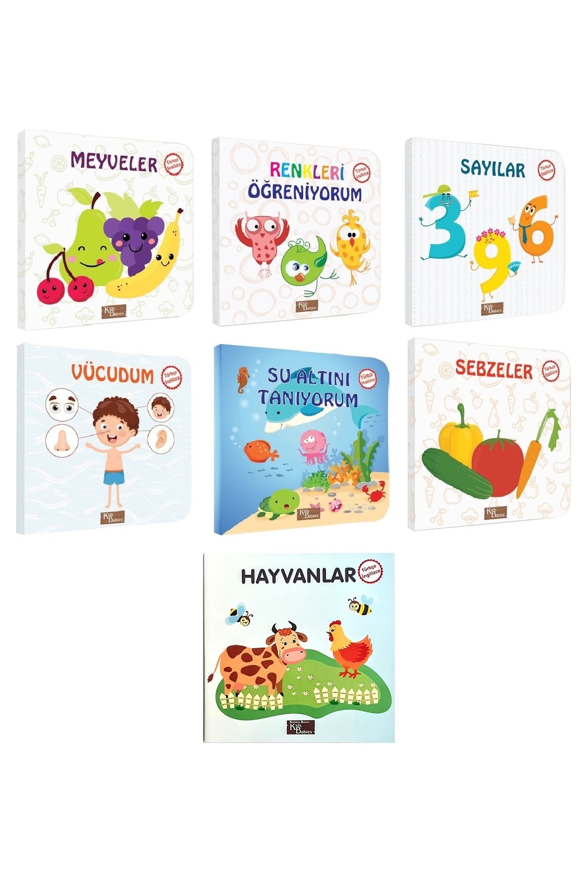 Kids Babies ilk Kitaplarım Türkçe / İngilizce Temel Kelimeler 7'li Set 15*15 cm