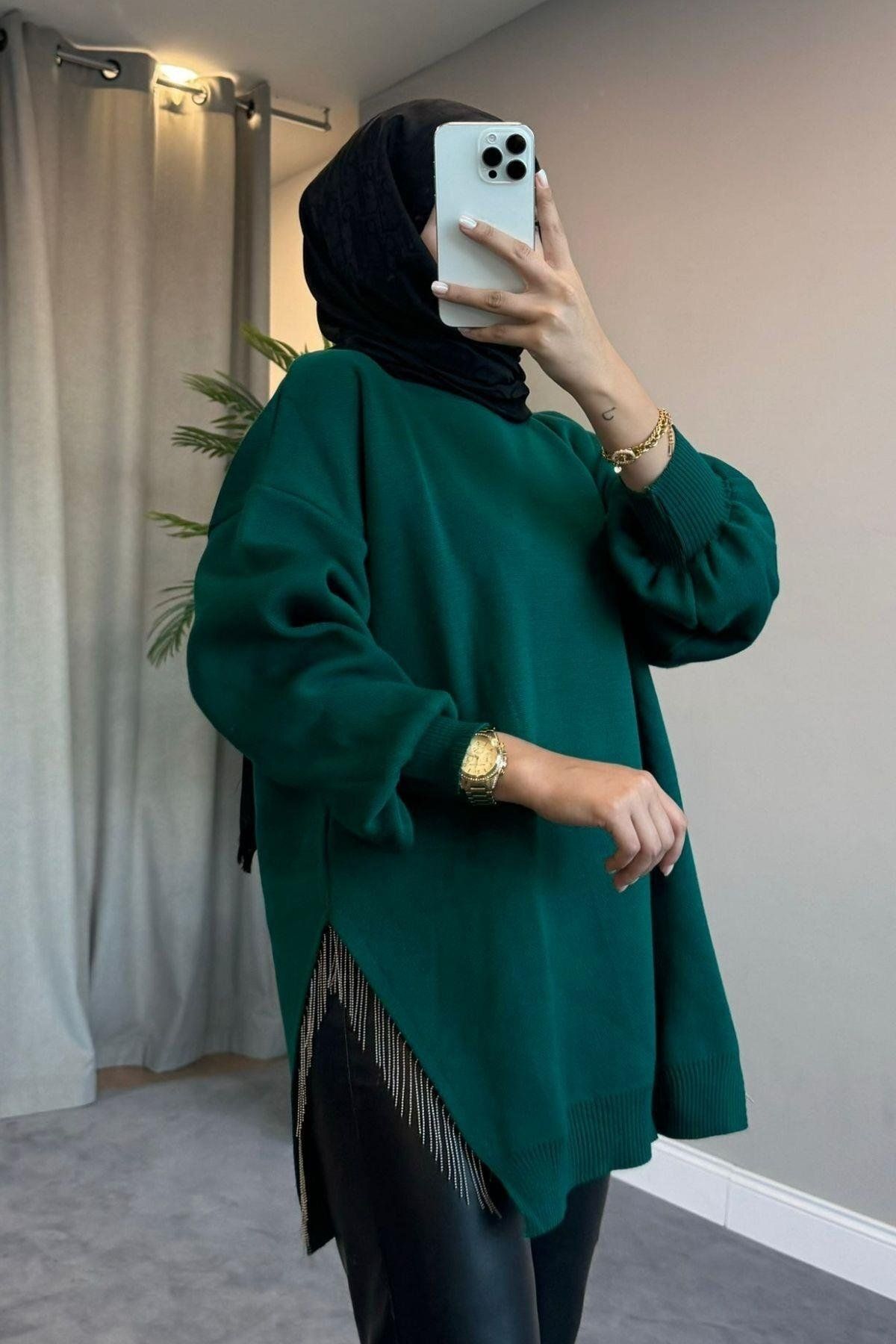 سویشرت پوشیده سبز زنانه ژاکت لباس بافتنی نیمه چاشنی Şule Giyim