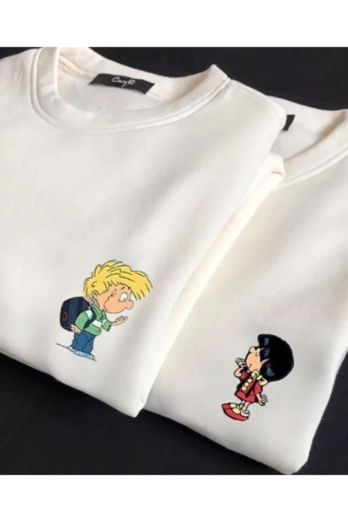 2'li Unisex Özel Sevgili Kombin Beyaz Sweatshirt Bisiklet Yaka Oversize