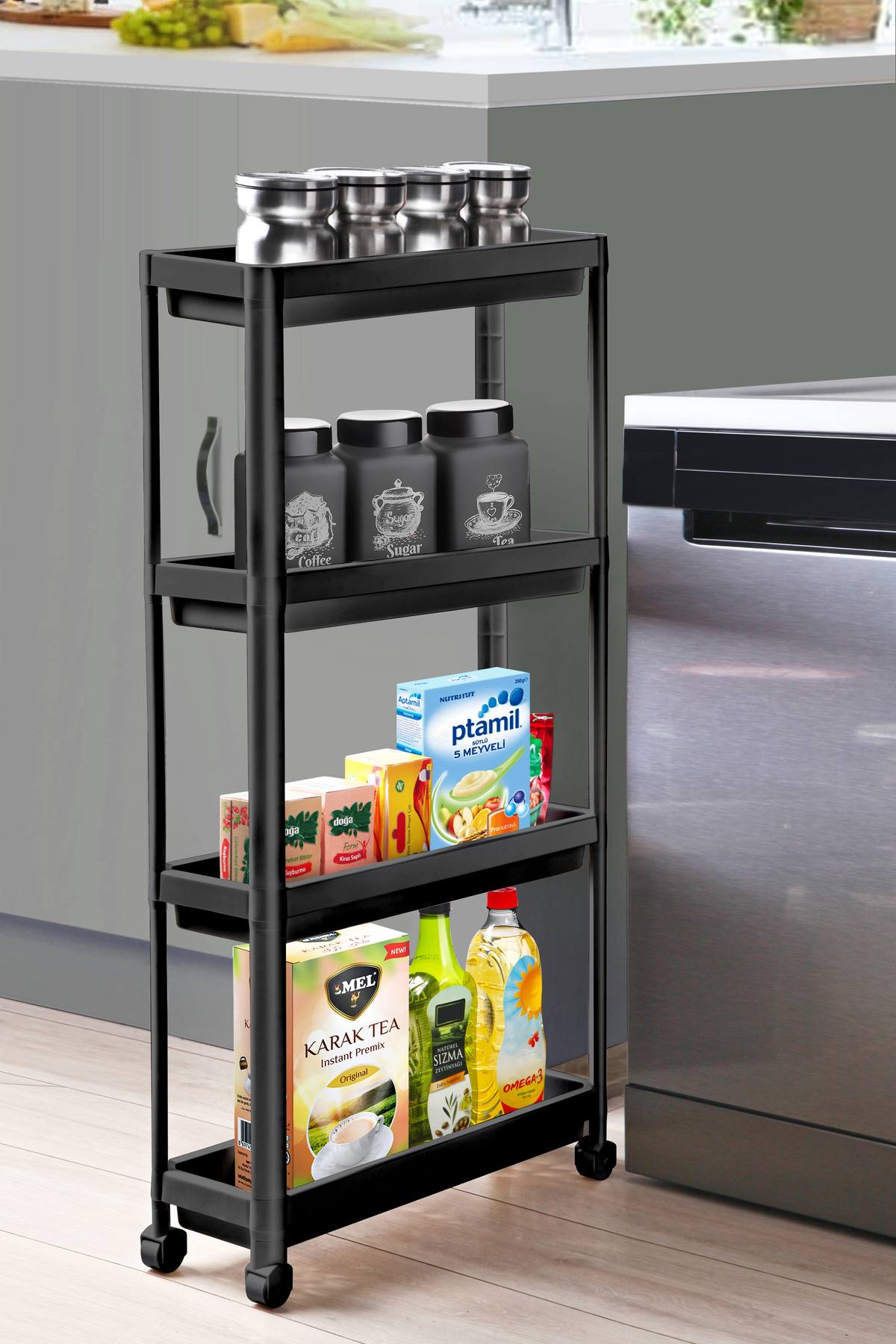 Rectangular 4-Tier Shelving Unit with Wheels Black Bathroom Kitchen Organizer Organizer Shelf