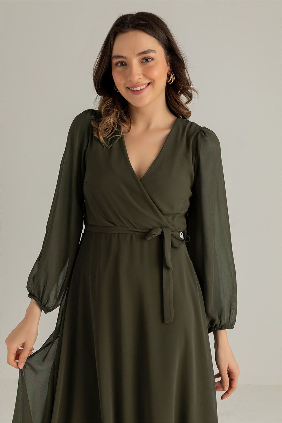 Elbise Delisi-Khaki Balloon Sleeve Double Breasted Midi Length Chiffon Lined Plus Size Dress Sk 3