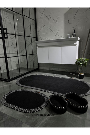 Türkmen Ev Tekstil jüt Hasır Büyük Boy Siyah Banyo Takımı ,Banyo paspas takım...