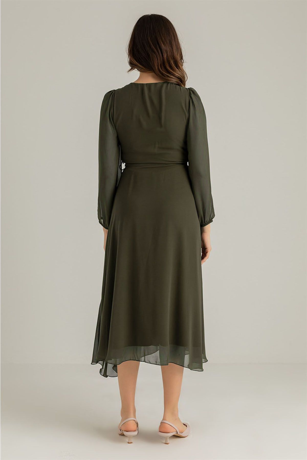 Elbise Delisi-Khaki Balloon Sleeve Double Breasted Midi Length Chiffon Lined Plus Size Dress Sk 4