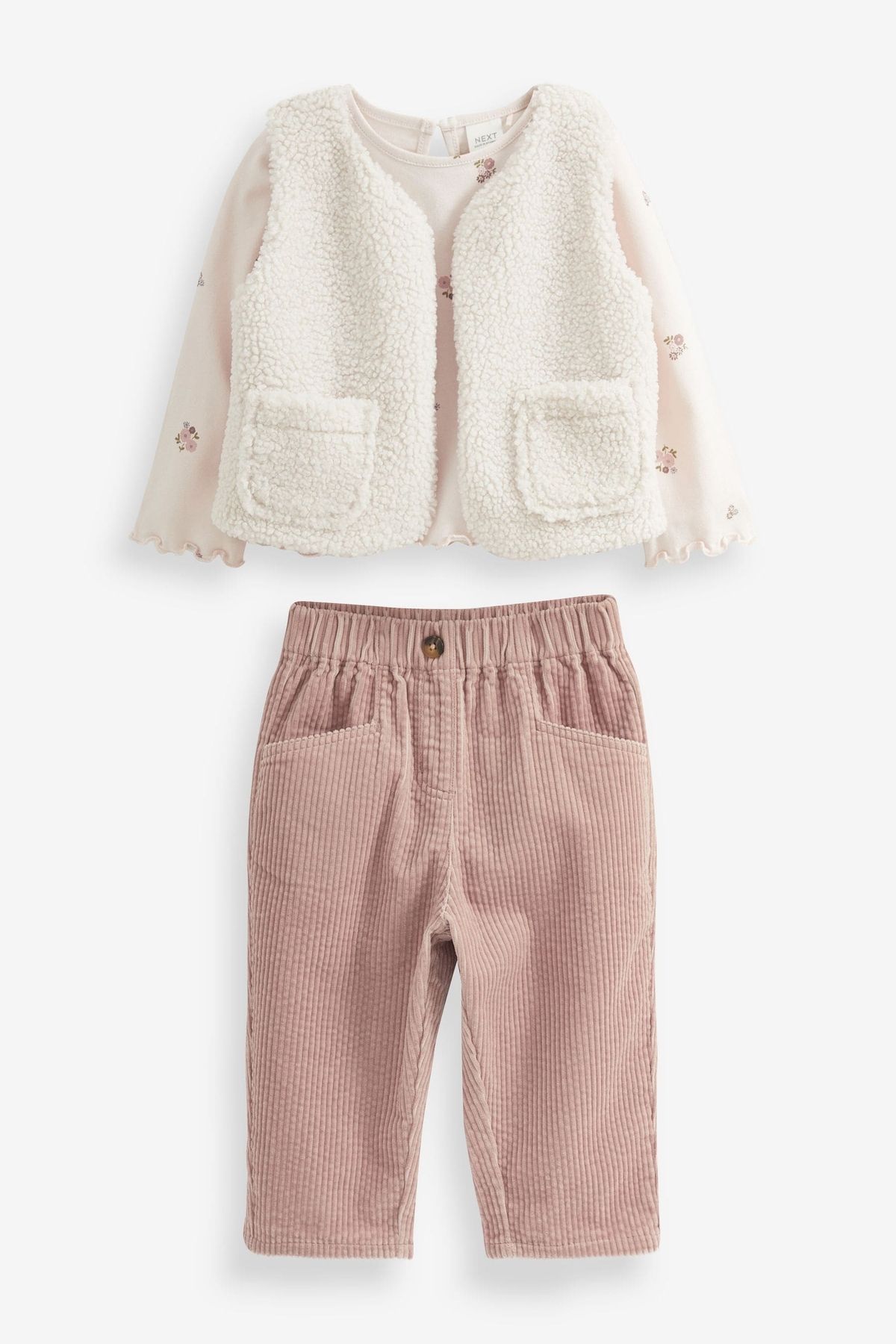 Next Baby-Pantaloni din velur ecru din bumbac Jachetă de pluș Borg Body 3 piese Partea de jos și de sus 1