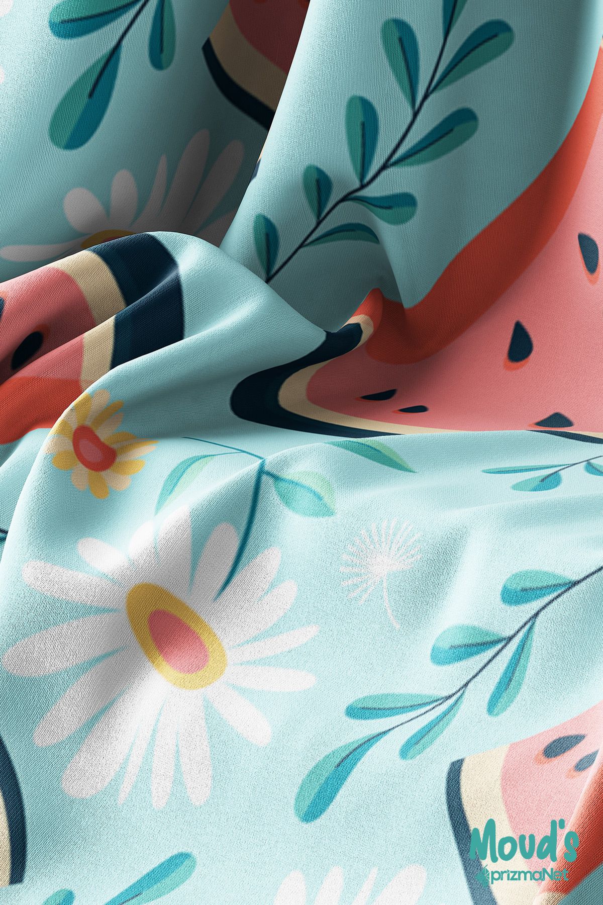 Moud's-Turquoise Watermelon and Daisy Patterned Suede Carefree Tablecloth 3