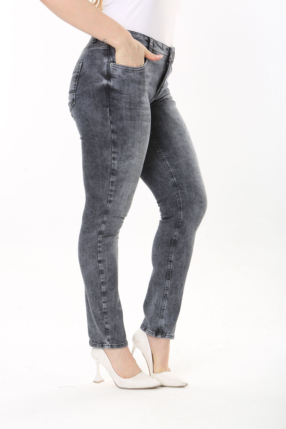 Şans-Women's Large Size Anthracite Lycra 5 Pocket Jeans 65N37477 7