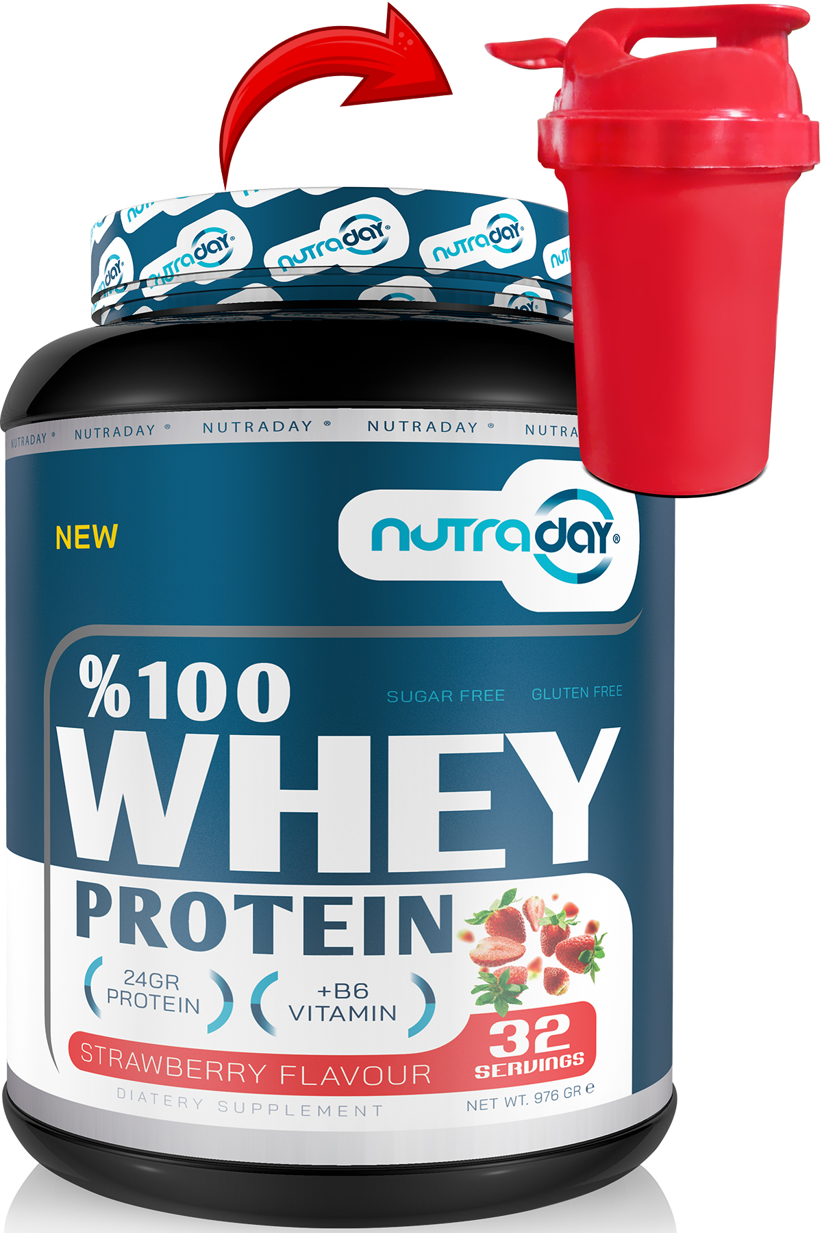 Whey Protein 976 gr Çilek Aromalı Protein Tozu 24 gram Protein 32 Servis