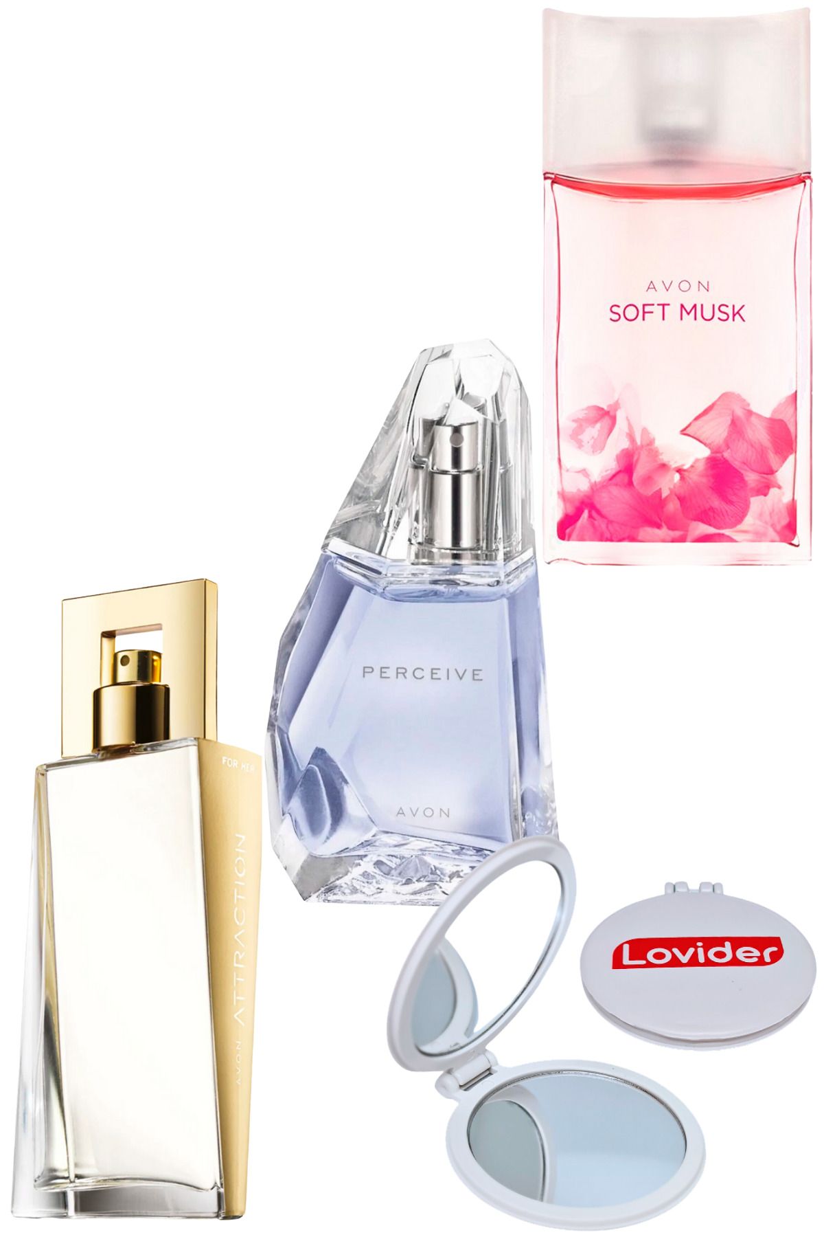 ست عطر زنانه جذابیت ادوپرفیوم + MUSK SOFT ادوتویلت 50ML 3 مجموعه آینه جیب LOVIDER Avon
