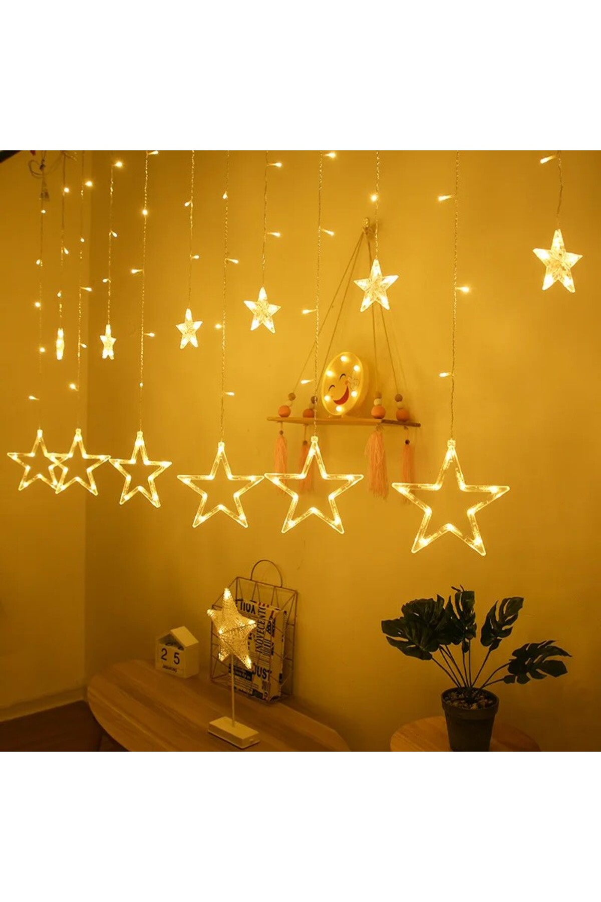 Perde Yıldız LED Fişli 3 Metre 8 Animasyonlu Sarı Dizi Işık Aydınlatma Süsleme Dekor (Kutulu Paket)