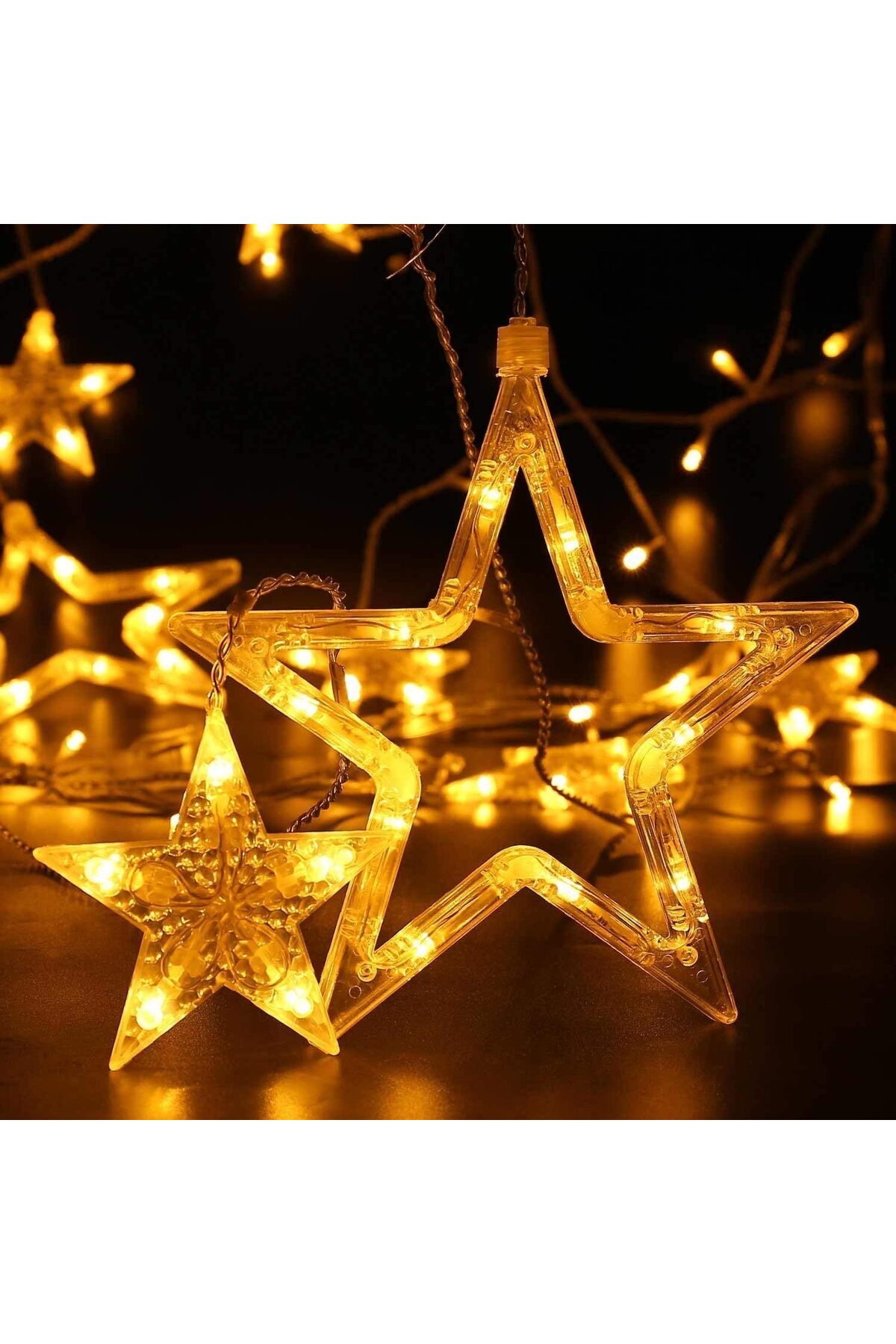 Perde Yıldız LED Fişli 3 Metre 8 Animasyonlu Sarı Dizi Işık Aydınlatma Süsleme Dekor (Kutulu Paket)