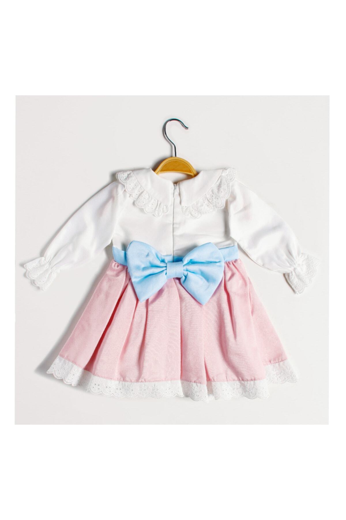 Margaret Long Sleeve Girl Blue Ribbon Scalloped Dress White Pink Birthday Scalloped Dress