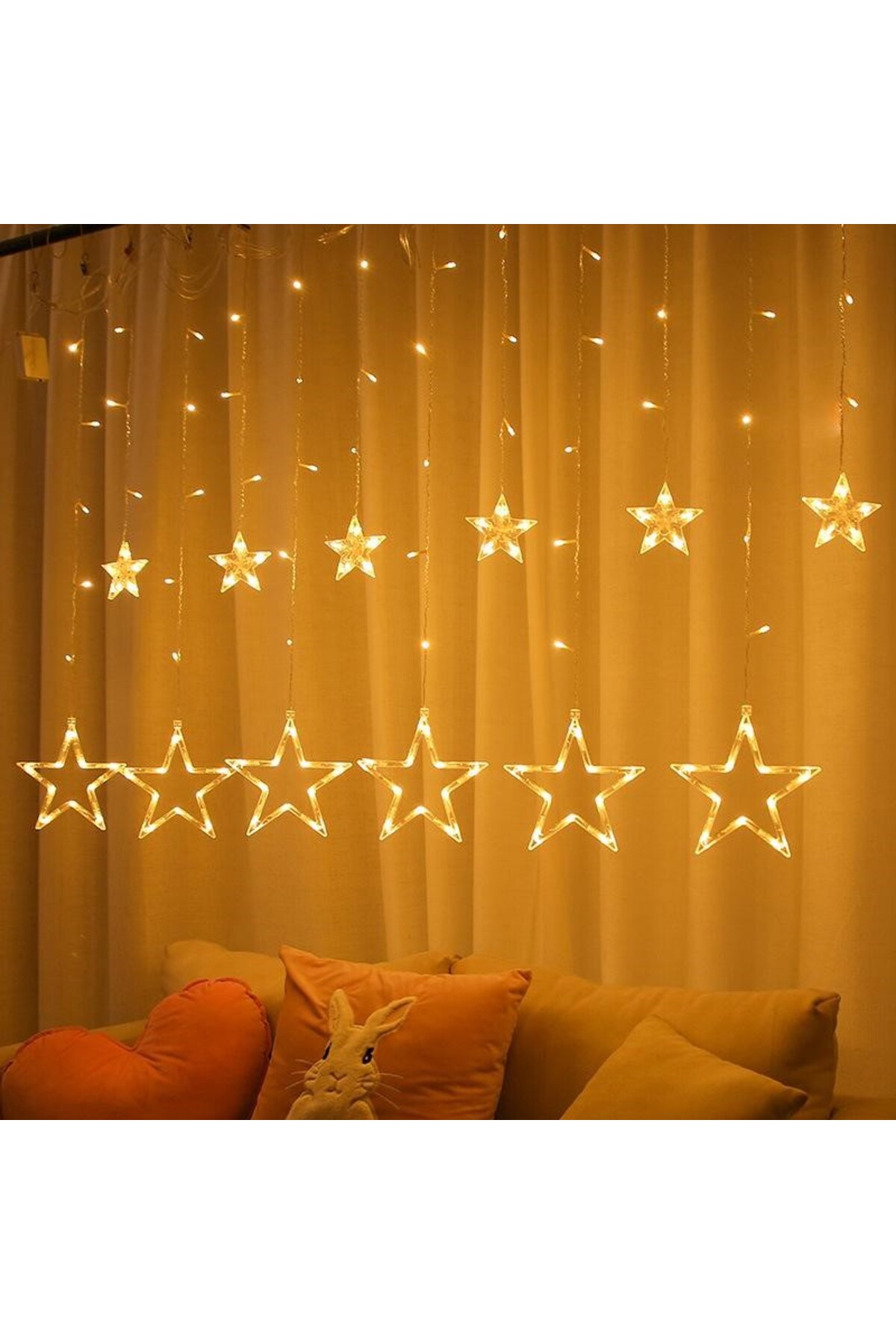 Perde Yıldız LED Fişli 3 Metre 8 Animasyonlu Sarı Dizi Işık Aydınlatma Süsleme Dekor (Kutulu Paket)
