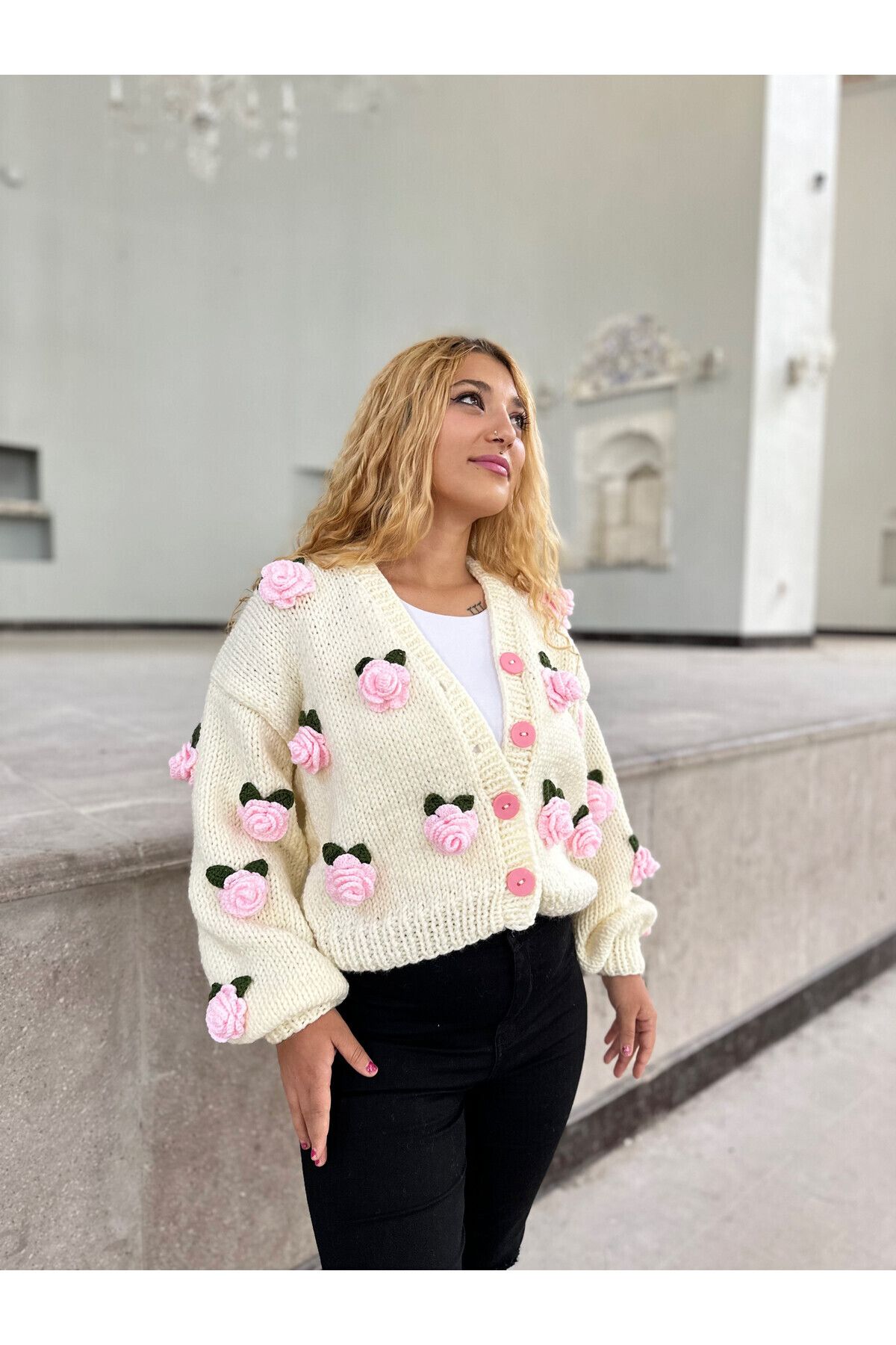 EMAKROME-HAND KNITTED PINK ROSE WOMEN'S CARDIGAN 2
