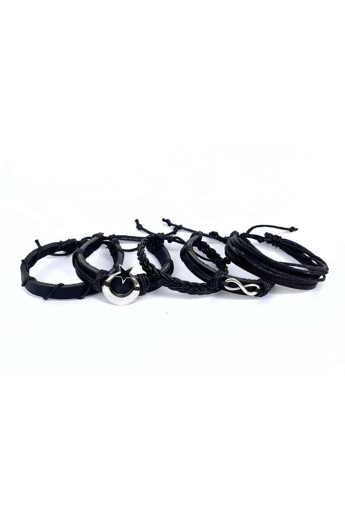 BSN Store-Set of 5 Black Handmade Genuine Leather Bracelets with Moon and Infinity Figures 3