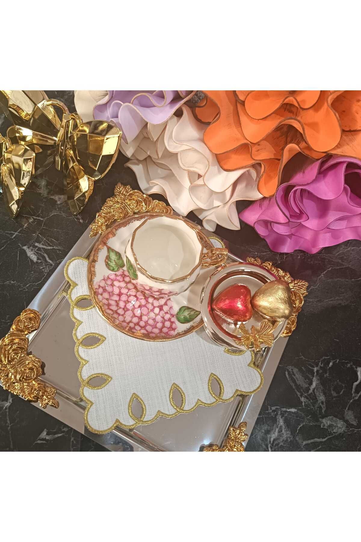 adreanna silver sim işlemeli kahve yanı, sunum peçetesi ve kokteyl peçetesi 6 adet