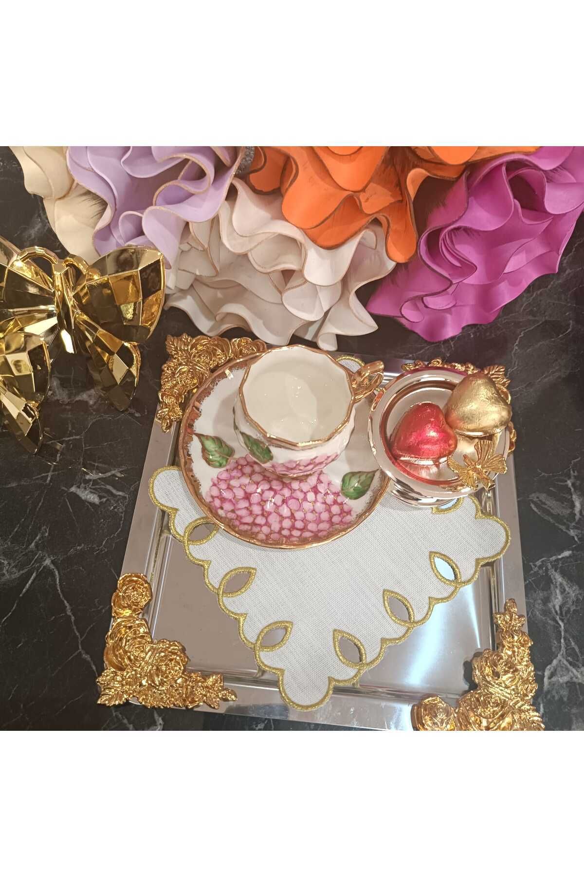 adreanna silver sim işlemeli kahve yanı, sunum peçetesi ve kokteyl peçetesi 6 adet