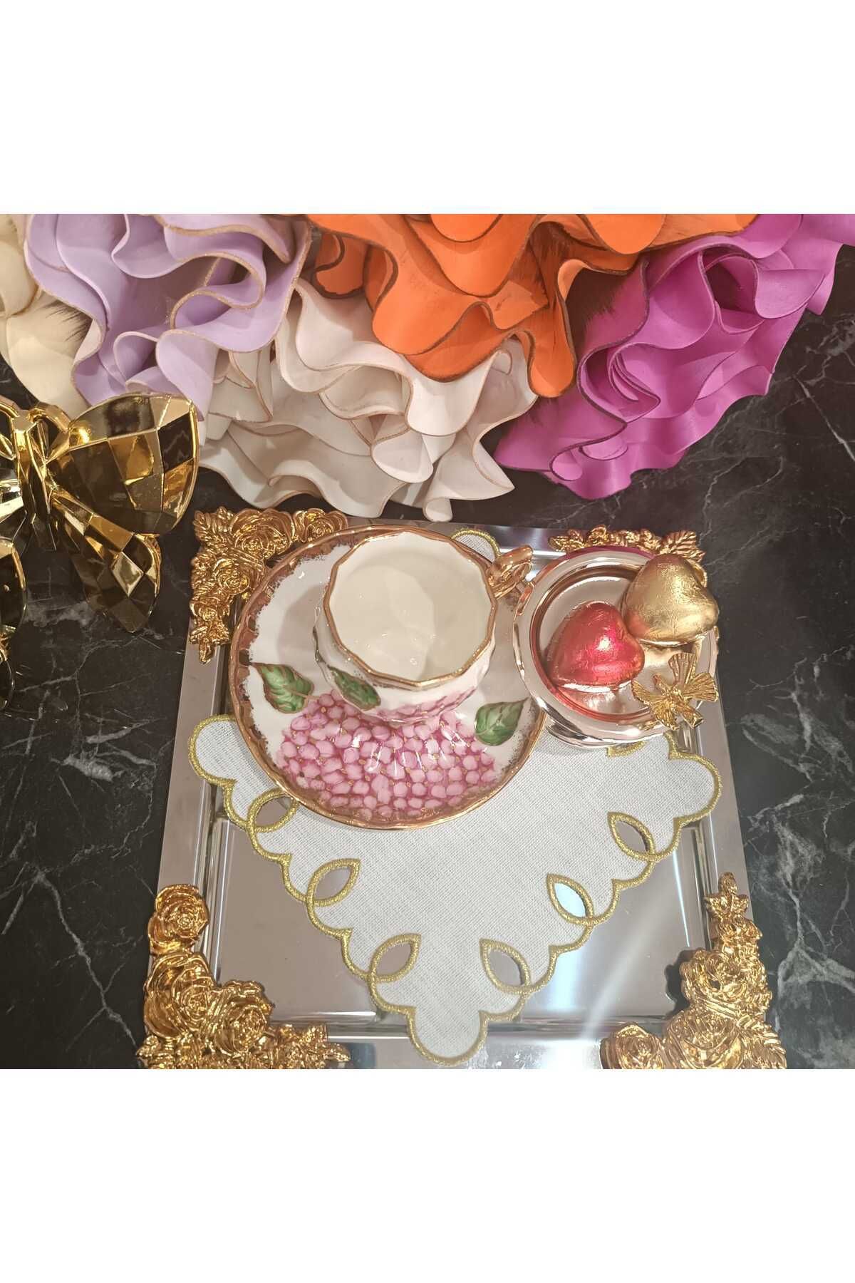 adreanna silver sim işlemeli kahve yanı, sunum peçetesi ve kokteyl peçetesi 6 adet
