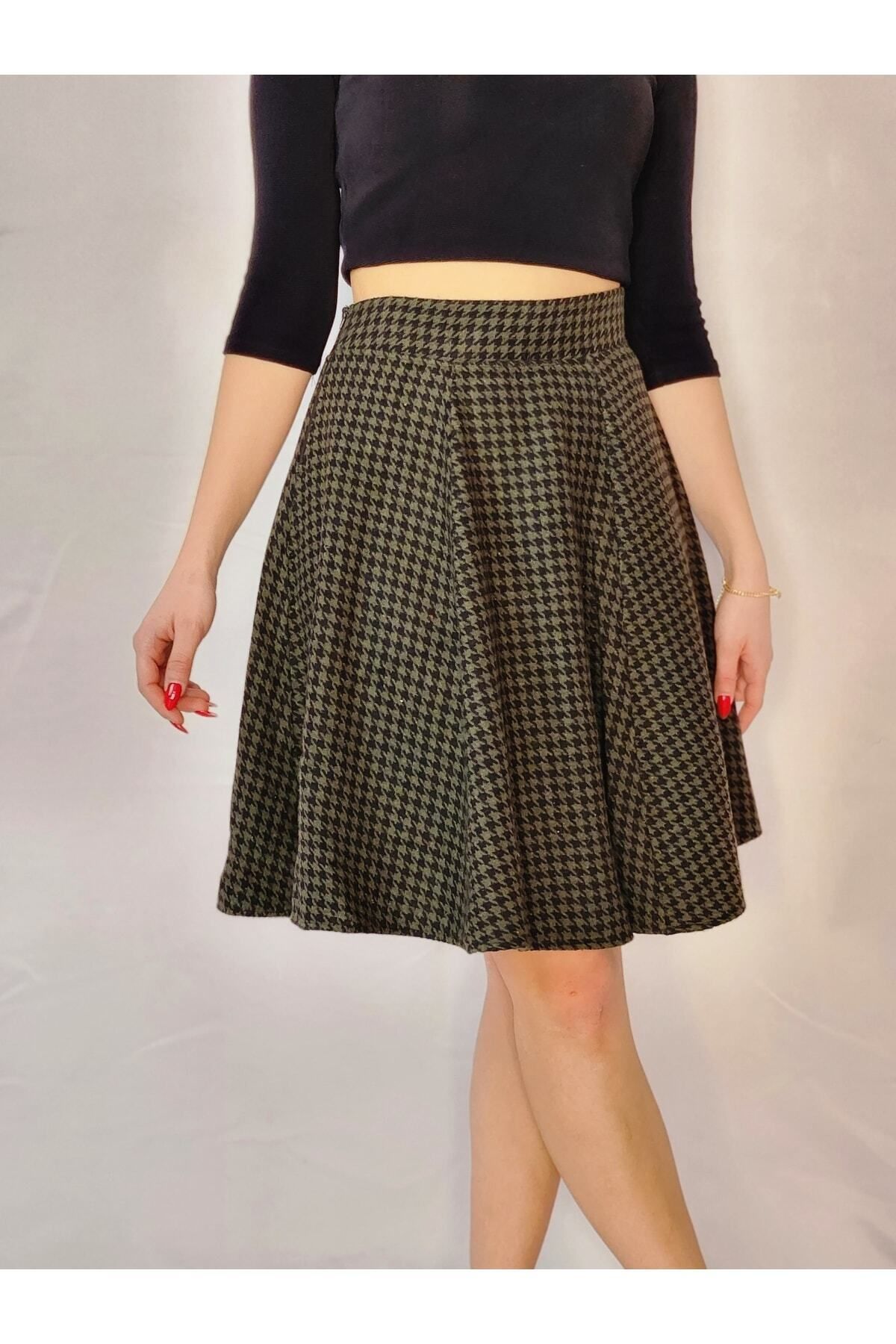 YAX Houndstooth Patterned Khaki black A Line Skirt Trendyol